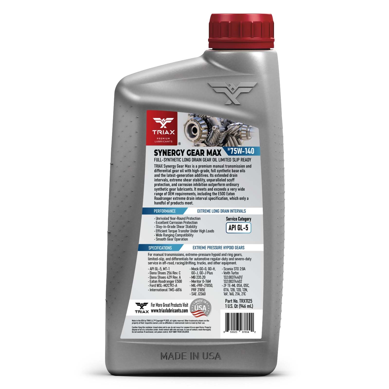 TRIAX Synergy Gear MAX 75W-140 GL-5 Huile Synthétique PAO Longue Durée – Engrenages Hypoïdes, Essieux, Différentiels et Systèmes à Glissement Limité 0.946 L (1 quart)
