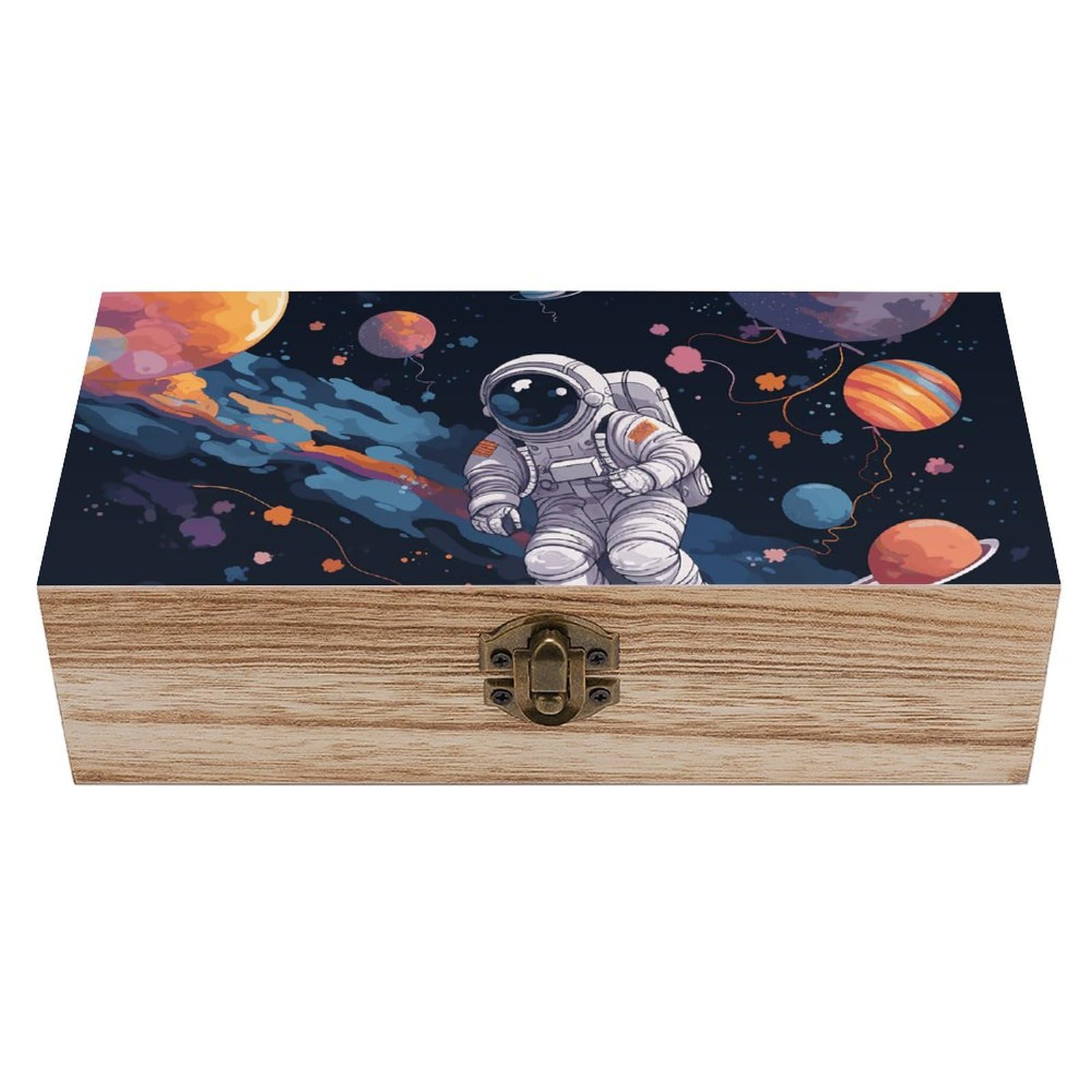 Astronaut Space Flight Wooden Storage Box Large Storage Bins Decorative Keepsake Box with Hinged Lid Front Clasp Wood Boxes for Crafts Vintage Jewelry Box Wood Gift Chest
