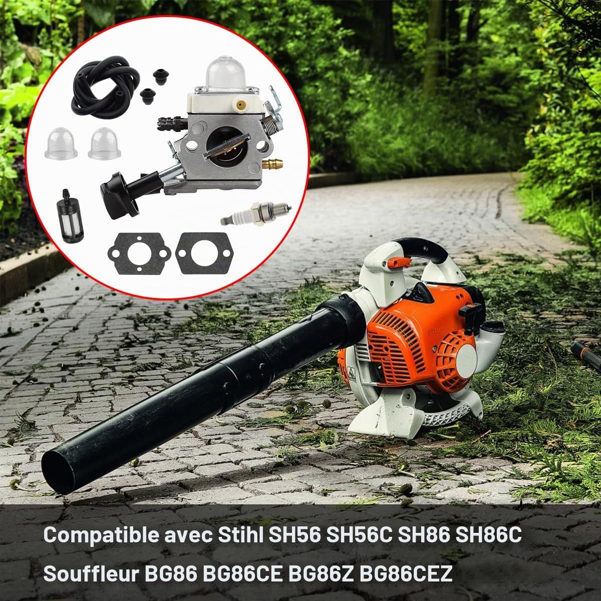 ZAMDOE Kit de carburateur pour Stihl SH56 SH56C SH86 SH86C BG86 BG86CE BG86Z BG86CEZ Ventilateur, remplace # C1M-S261B 42411200616 4241 120 0616, avec Conduite de Carburant pour Bougie d'allumage