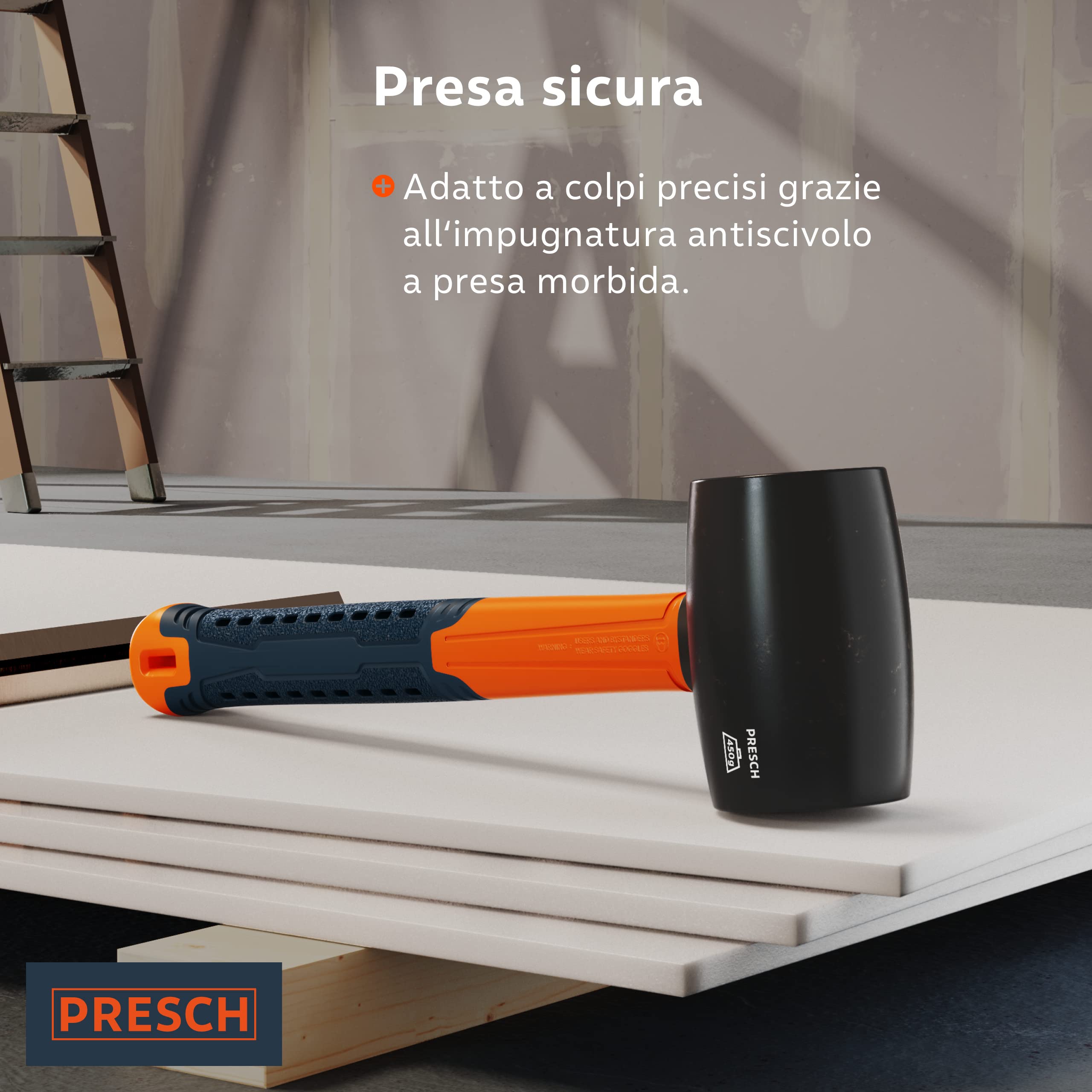 Presch Martello di gomma 450 g Mazza con manico in fibra di vetro ⌀ 55 mm Testa in materiale naturale per esterni