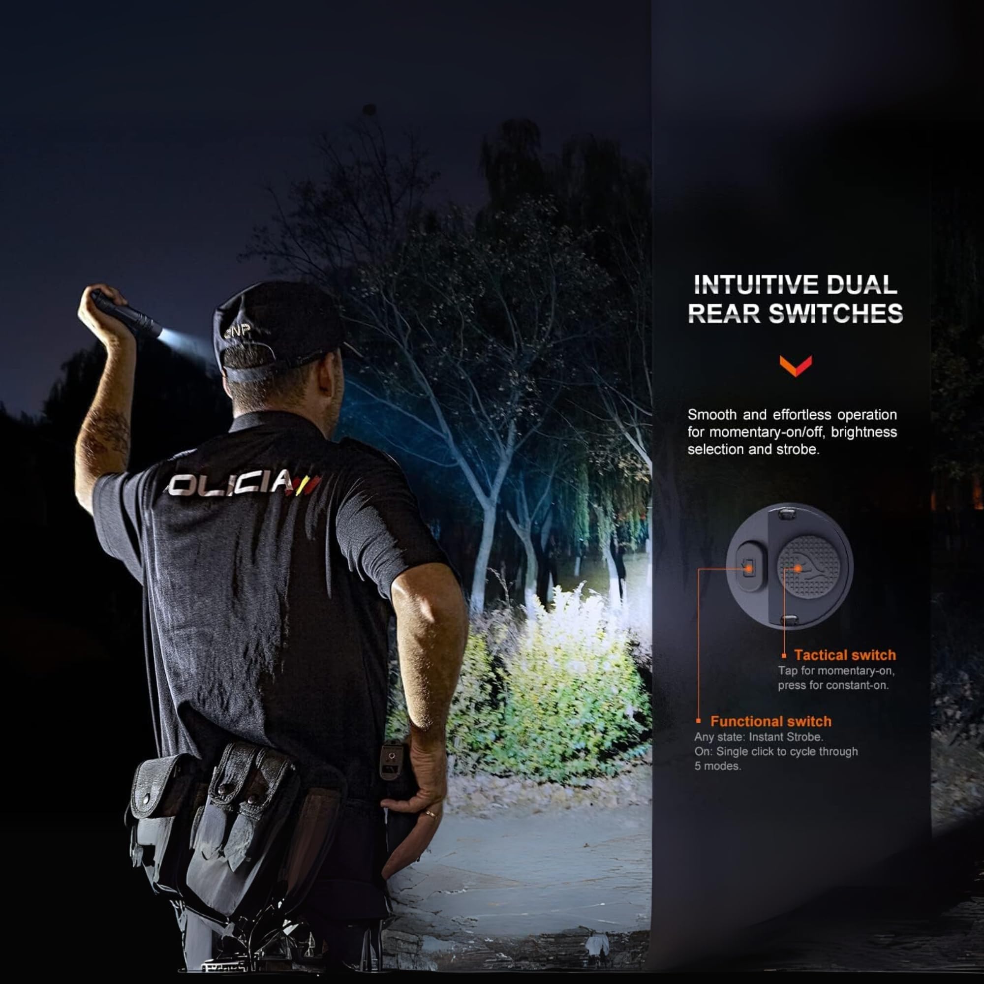 fenix PD36R Pro - Linterna LED táctica ultrabrillante recargable, 2800 lúmenes, 380 m, 42 horas máximo, interruptores de cola dual, funciona con batería 21700, estroboscópico instantáneo, IP68
