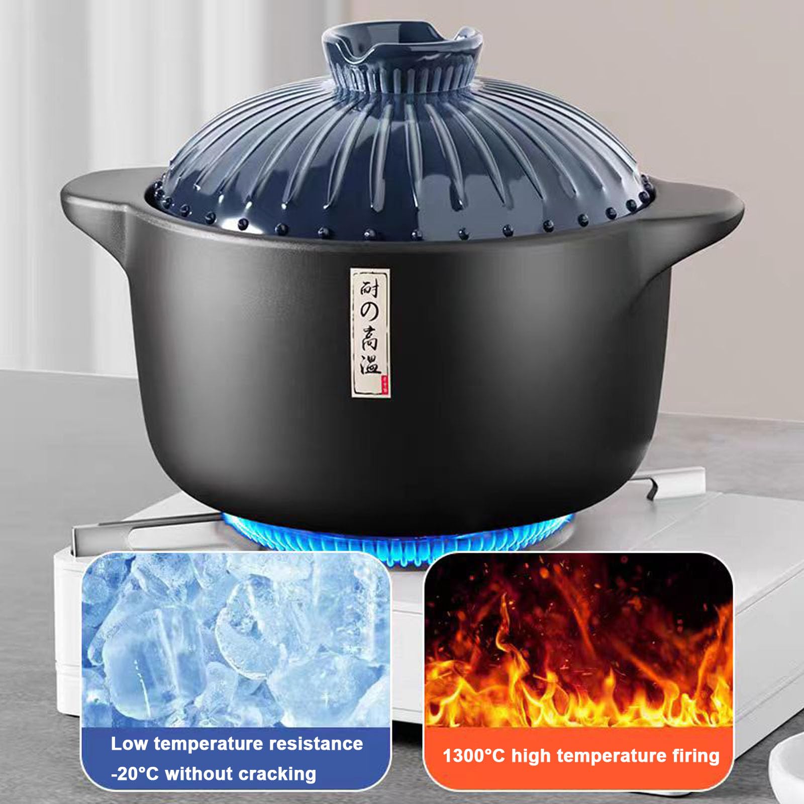 Olla de sopa de cerámica azul de 1.6 cuartos de galón con tapa, resistente al calor, fácil de limpiar