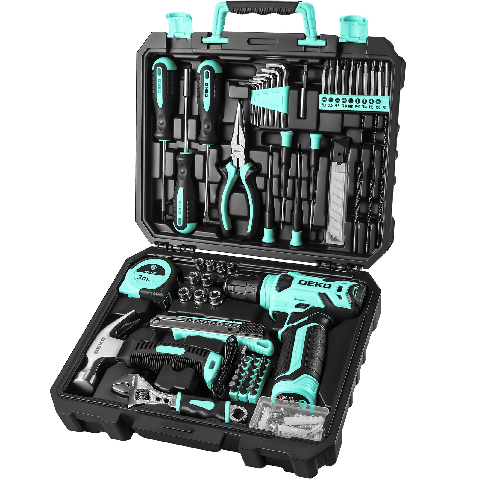 DEKO Caja Herramientas Completa con Destornillador Electrico/Taladro con bateria de 8V, Maletin de 126 Piezas, Caja profesional de herramientas Domésticas de Bricolaje para Oficinas y Jardín, Cyan