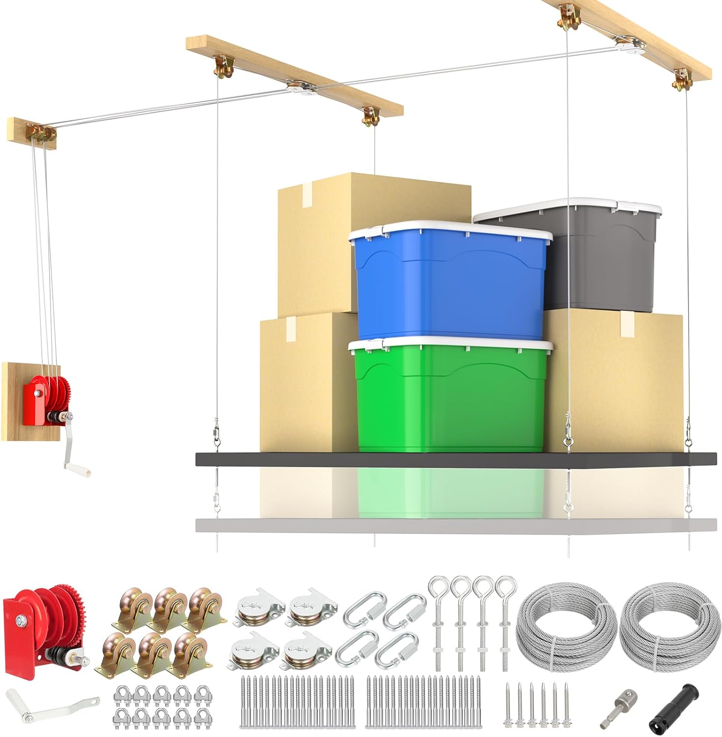 TooTaci Overhead Garage Storage Lift with 3/16 Steel Cable & Winch, Heavy Duty Ceiling Mounted Garage Storage Lift System for Organization, 300lbs Weight, Supports 8-16ft Ceilings (Deck Not Includ)