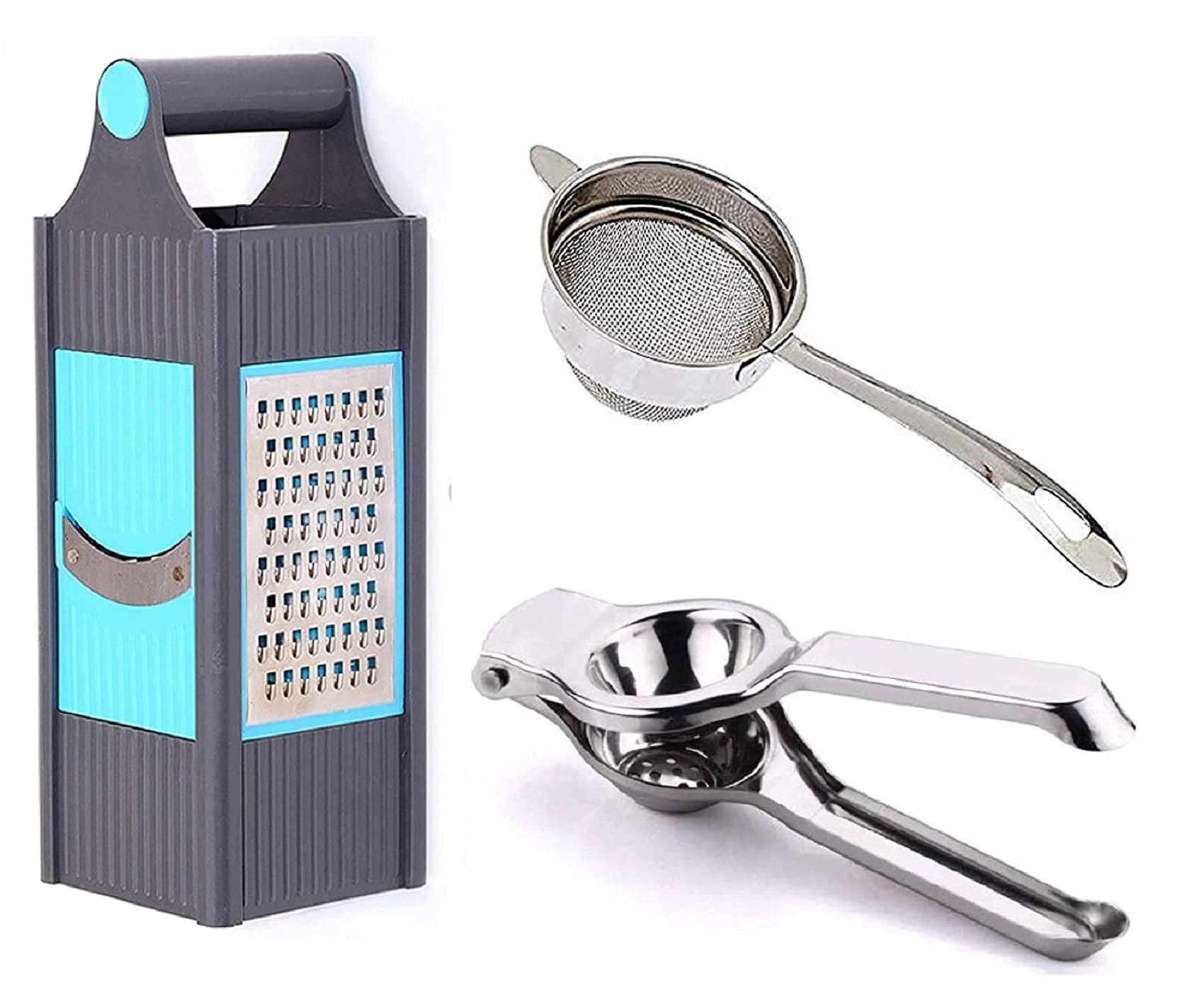 VENIQE 4 in 1 Smart Vegetable Slicer - Stainless Steel Four Sided Boxed Grater with Handle and Lemon Presser and Tea/Coffee Strainer (Combo Set of 3PCS)