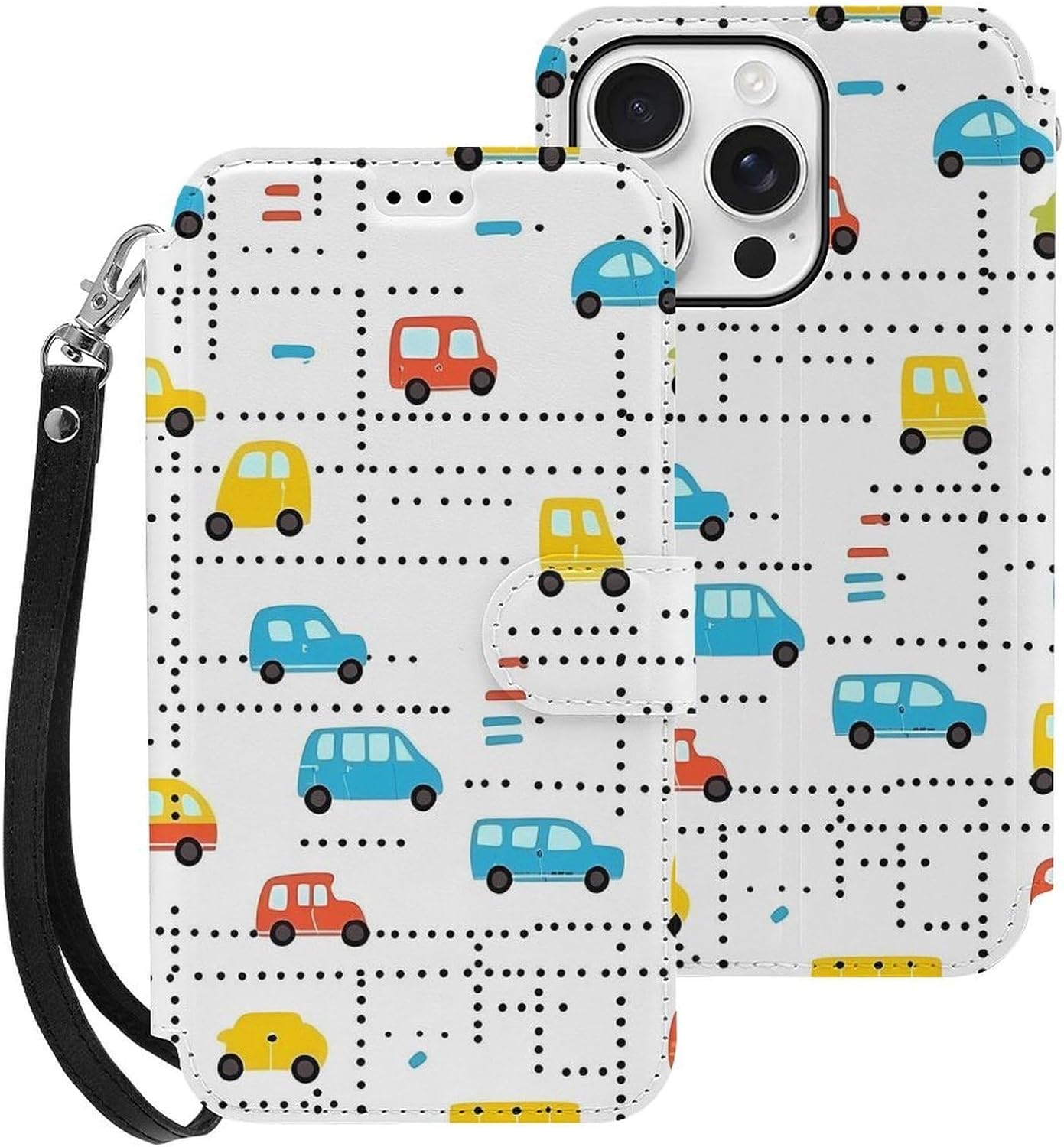 Colorful Vehicle Bus Vehicle Compatible with iPhone 16/16 Plus/16 Pro/16 Pro Max/16 E Case Phone Wallet Card Holder Flip Cover with Wrist Strap