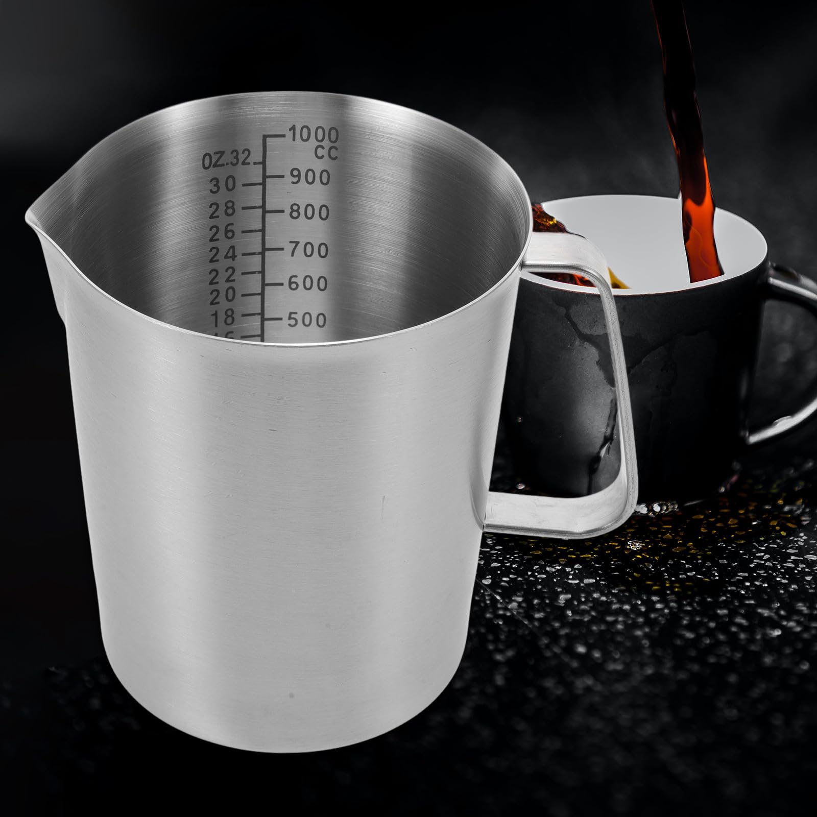 Taza Medidora de Acero Inoxidable Asa 1000 Ml Jarra Espumadora de Leche Escala Medidor para Café y Batidos Adecuado para Uso Doméstico y Cocina Profesional