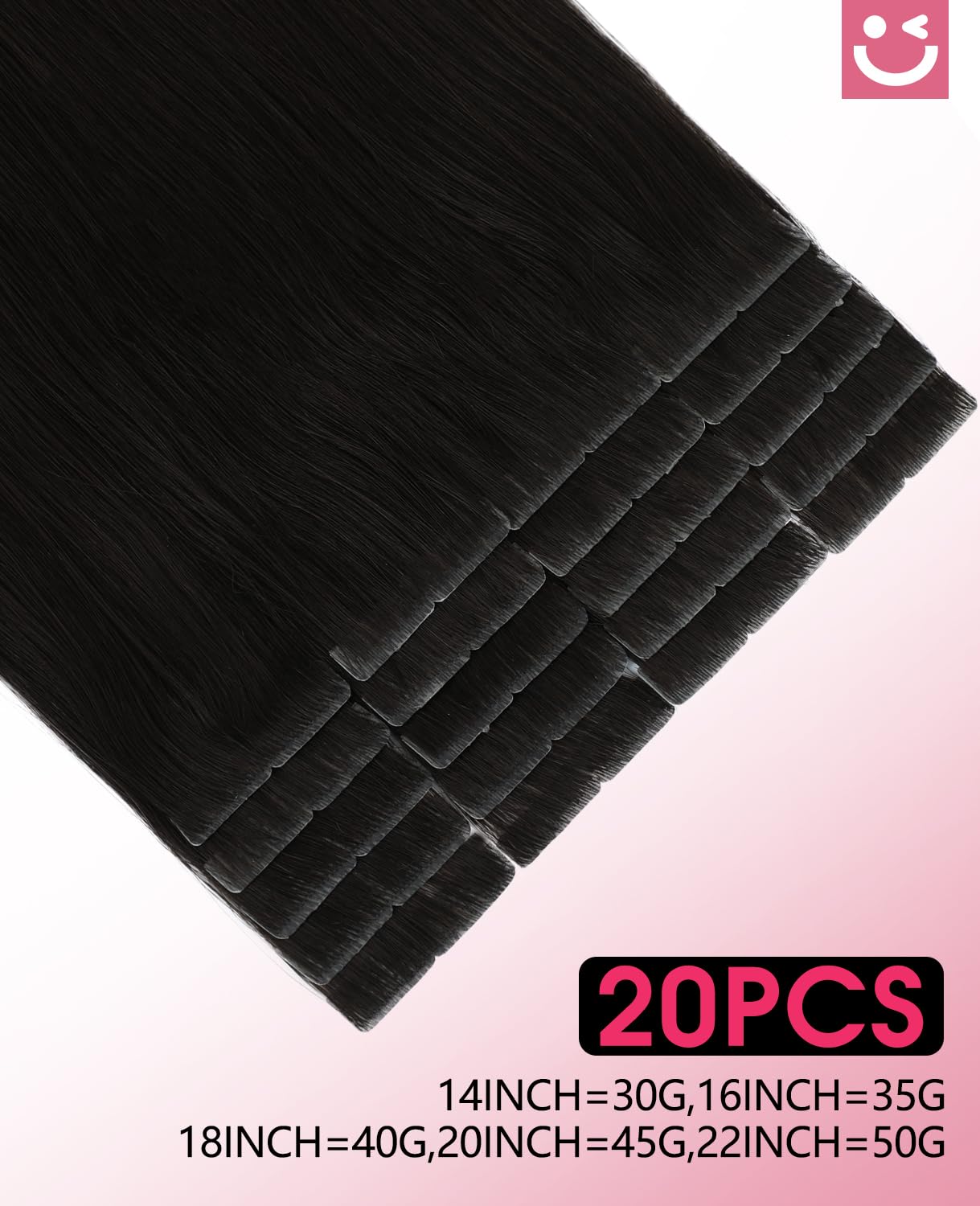 Youngsmile Invisible Tape Extensions Echthaar, 50cm 45g 20Stk, #1B Schwarz | Invisi Edge, Remy Echthaar, unsichtbarer Ansatz, natürlicher Look, seidig weich, langlebig, für den täglichen Gebrauch