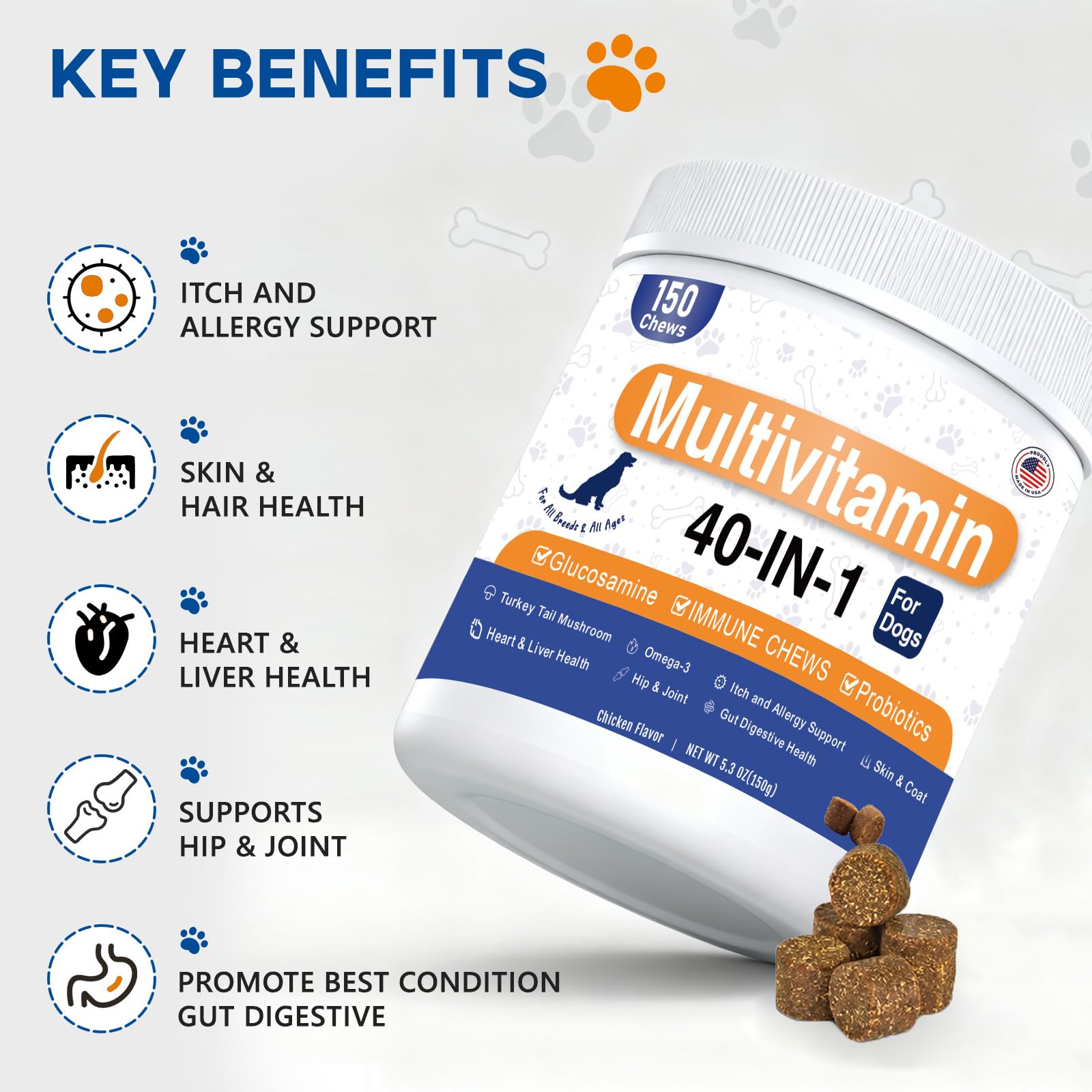 Dog Multivitamin Chews 150ct 40-in-1 Dog Vitamins and Supplements Chewable Contain Probiotics Omega-3 Glucosamine, Multivitamin for Dogs Skin Coat Heart Joint Liver Brain Eyes Immune Support — Amazon image 4