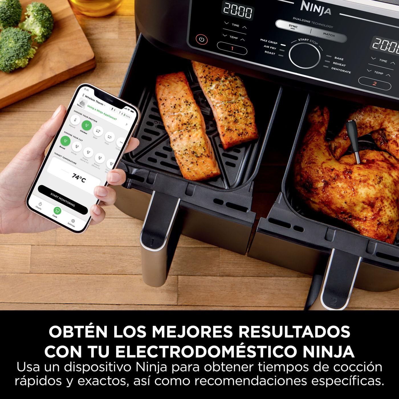 Ninja ProChef Sensor digital de cocina inalámbrico, uso exterior e interior, cocinar, asar y freír con aire, resistente al agua, Bluetooth alcance 50m, conexión a app, automomía 30 h, WP100EU