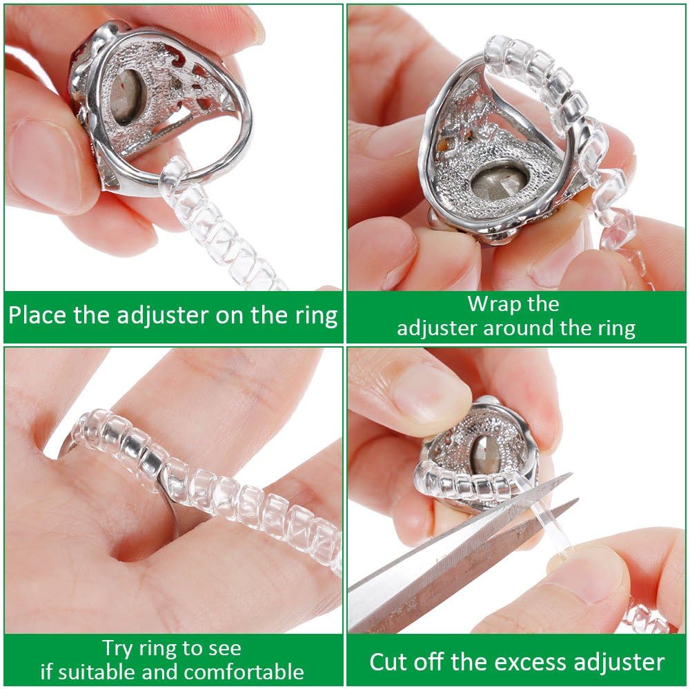 Anpro 15 Pack Ring Size Adjuster- with 3 Sizes Clear Ring Sizer Adjuster for Loose Rings,Spiral Silicone Tightener Set with Polishing Cloth(Please See The Below Picture for The Steps)