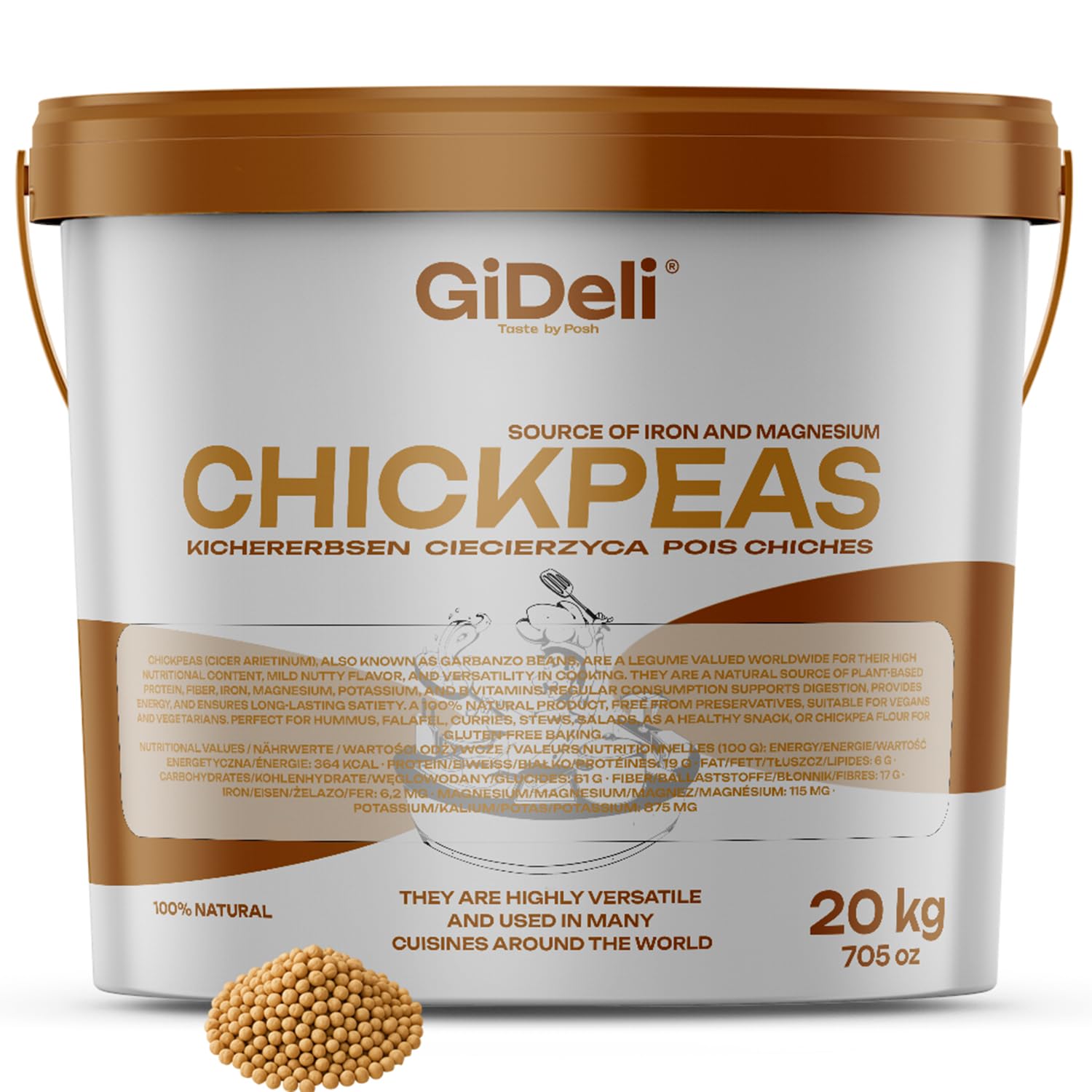GiDeli Kichererbsen Getrocknet 20 kg im Eimer - Ungeröstete, ohne Zusätze, Vegan, eiweißquelle - ideal für Hummus, Falafel, Currys