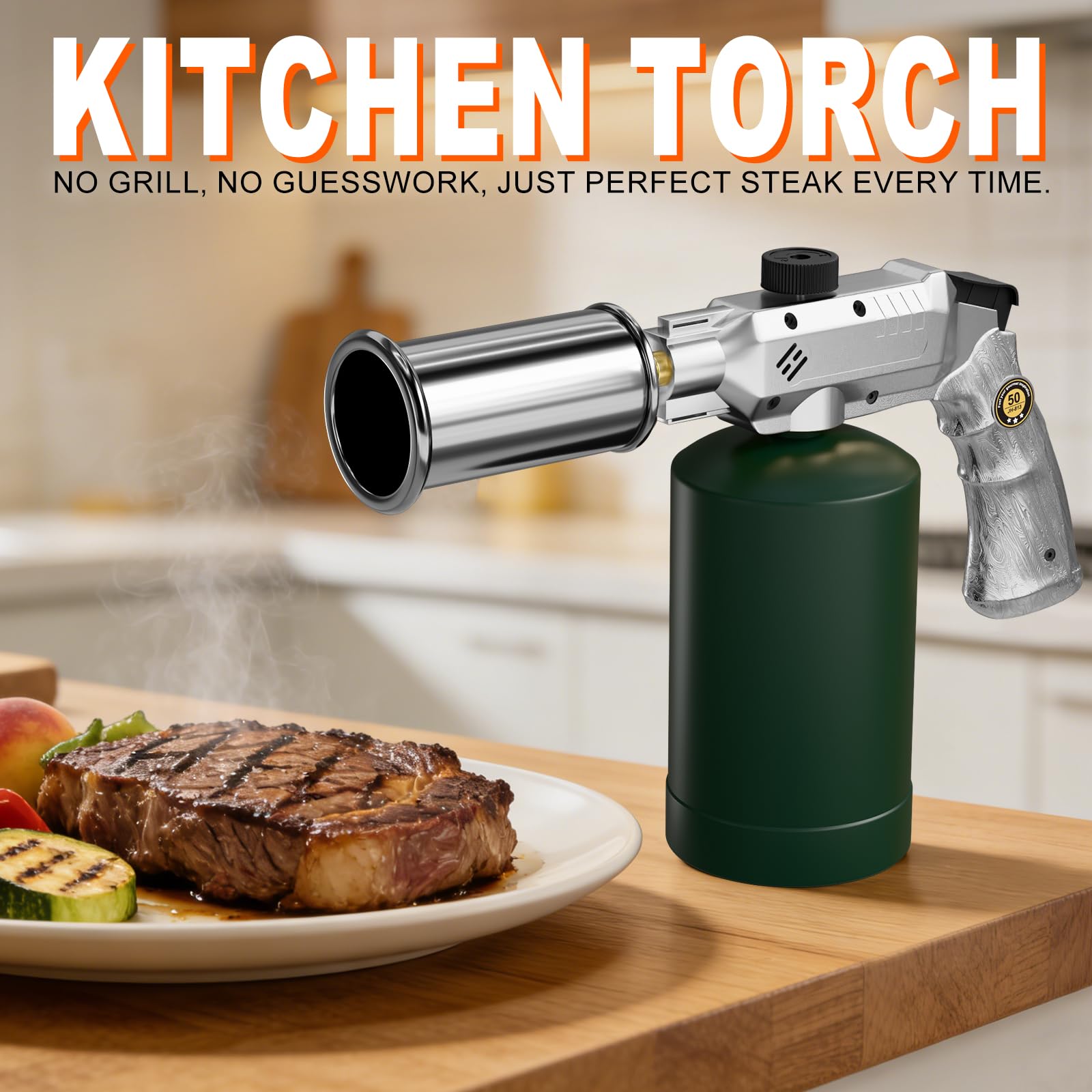 Pistola de propano ajustable para barbacoa y fogata | Acabado plateado, calor máximo de 1800 °C, encendido piezoeléctrico, fuego de un solo toque, gran regalo