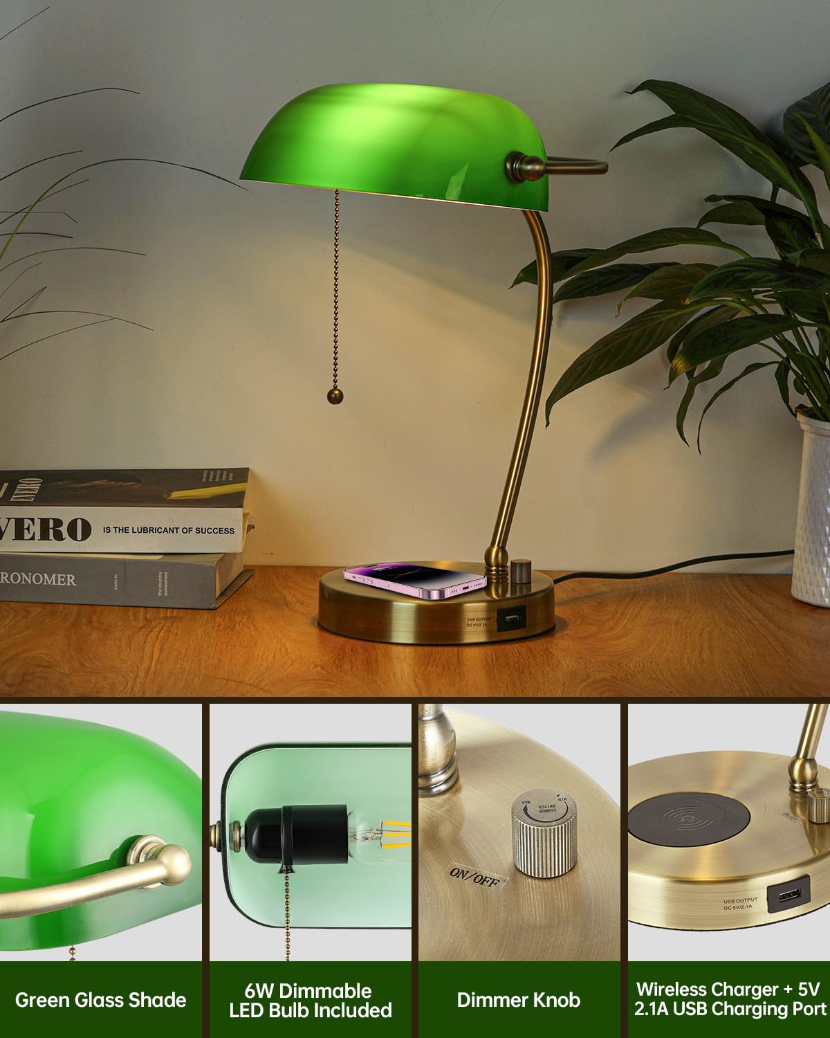 Bankers Schreibtischlampe aus grünem Glas | kabellosem Ladegerät,USB-Ladeanschluss Heimbüro stufenlos dimmbare Tischlampe,LED-Leuchtmittel im Lieferumfang enthalten