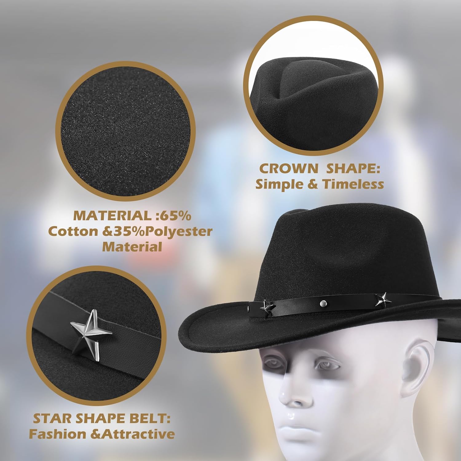 Mumufy 4 Pcs Classic Western Cowboy Hat Men Felt Wide Brim Hats Women Belt Buckle Cap for Adults