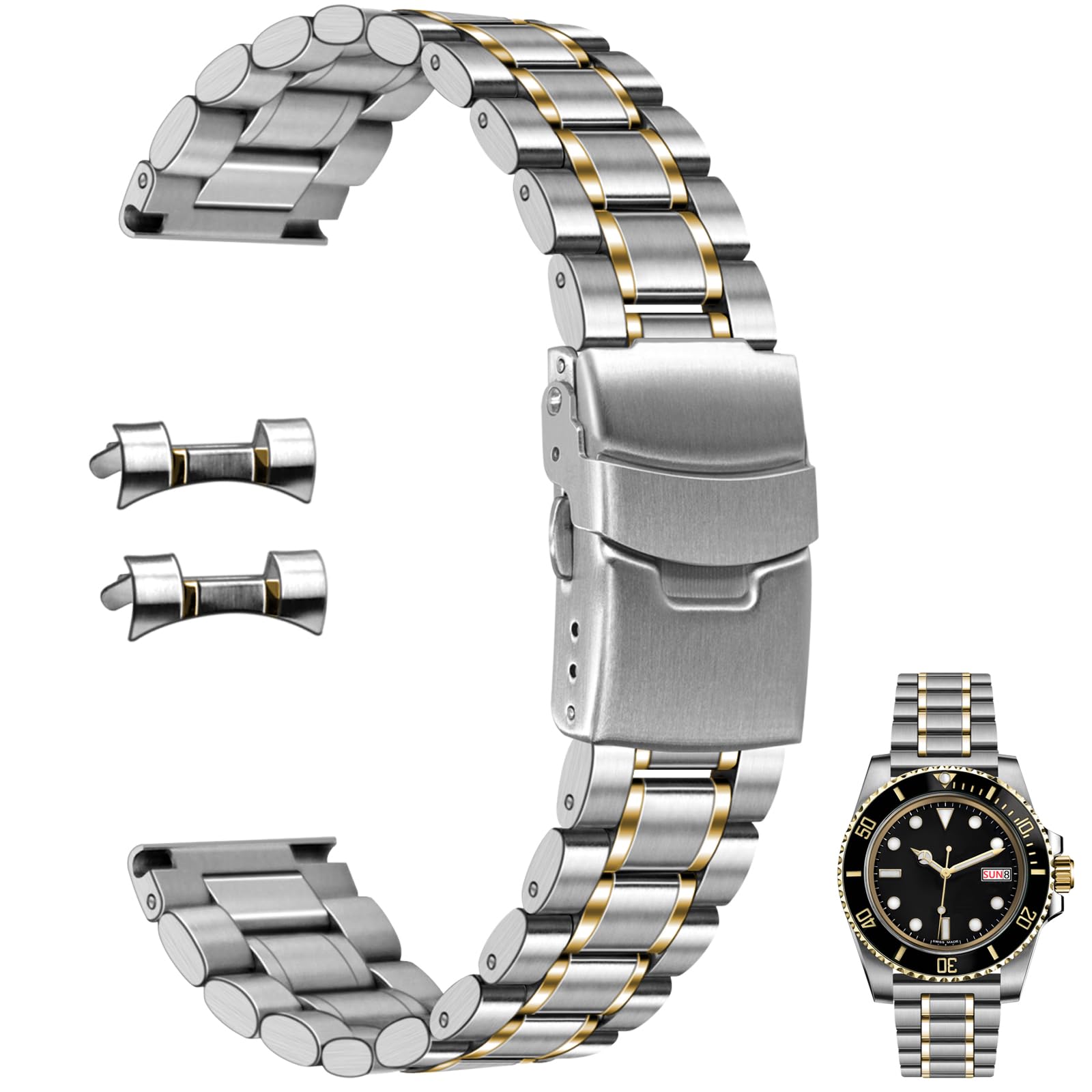 Juntan 20mm 22mm Stainless Steel Watch Band Curved End Straight End for Men Women Metal Watch Bands Strap Quick Release Replacement Bracelet with Double Folding Buckle Silver