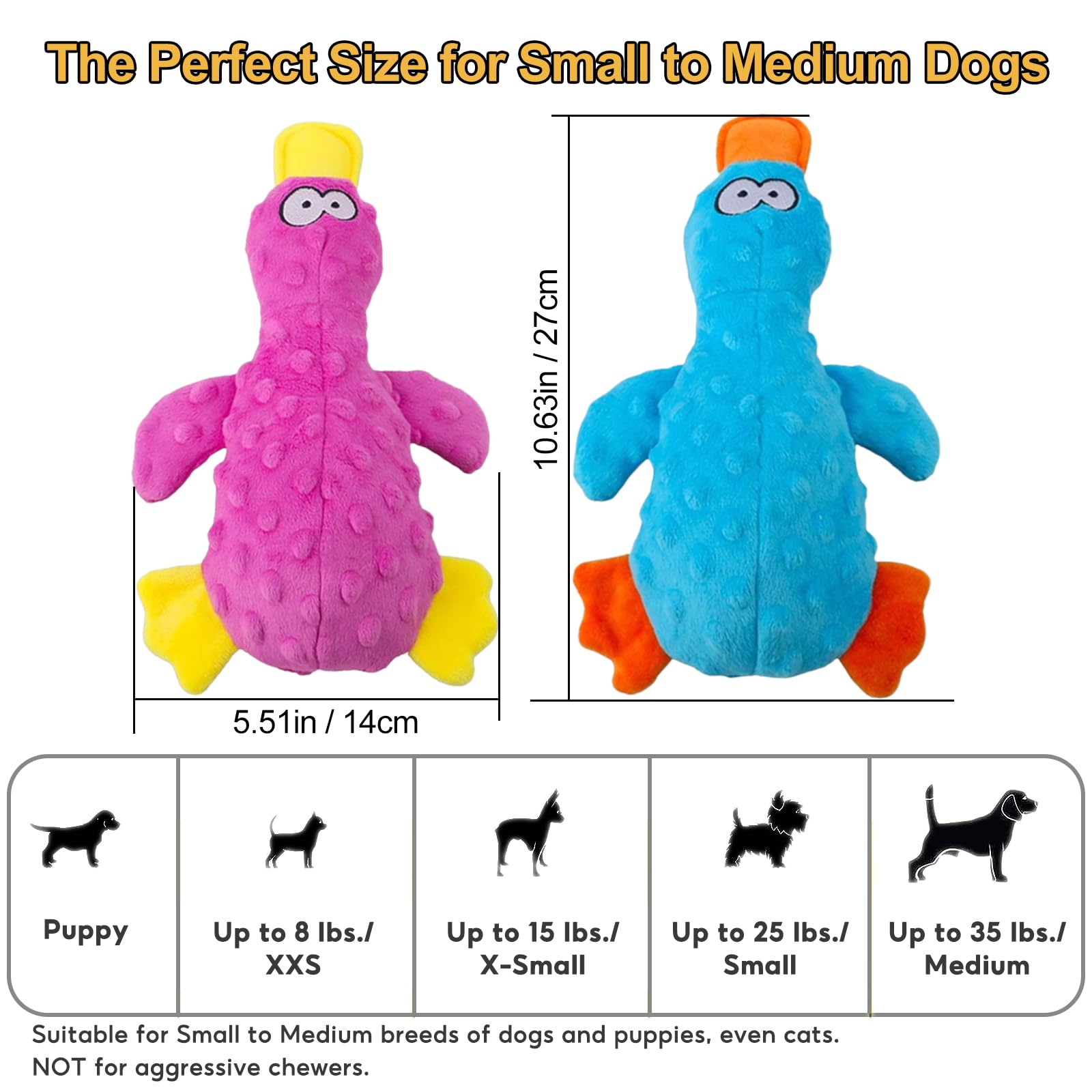Quietschendes Hundespielzeug Ente, gefülltes Plüsch-Hundespielzeug für Welpen, interaktives Knisterente, Kauspielzeug für kleine und mittelgroße Hunde, um sie zu beschäftigen, 2 Stück