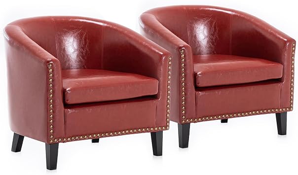 BELLEZE Accent Barrel Chairs Set of 2, Modern Tub Club Chairs Upholstered Armchairs for Living Room, Faux Leather Chairs with Gold Nail Head Trim Black Legs - Kyara Red
