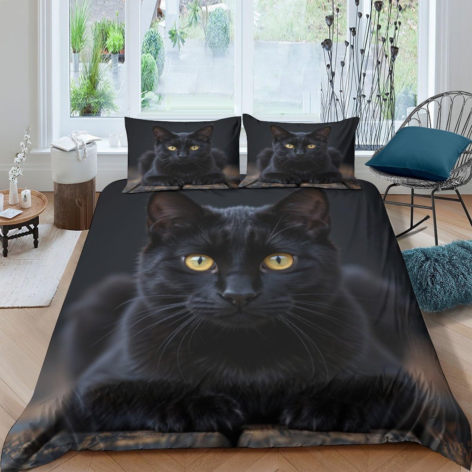 Ctjqhvkz Style-6 3D Printed Black Cat Fitted Sheet Microfiber Soft Breathable Yellow Eyes Bed Sheet For Bedroom Guest Room Decor Single（135X200cm）