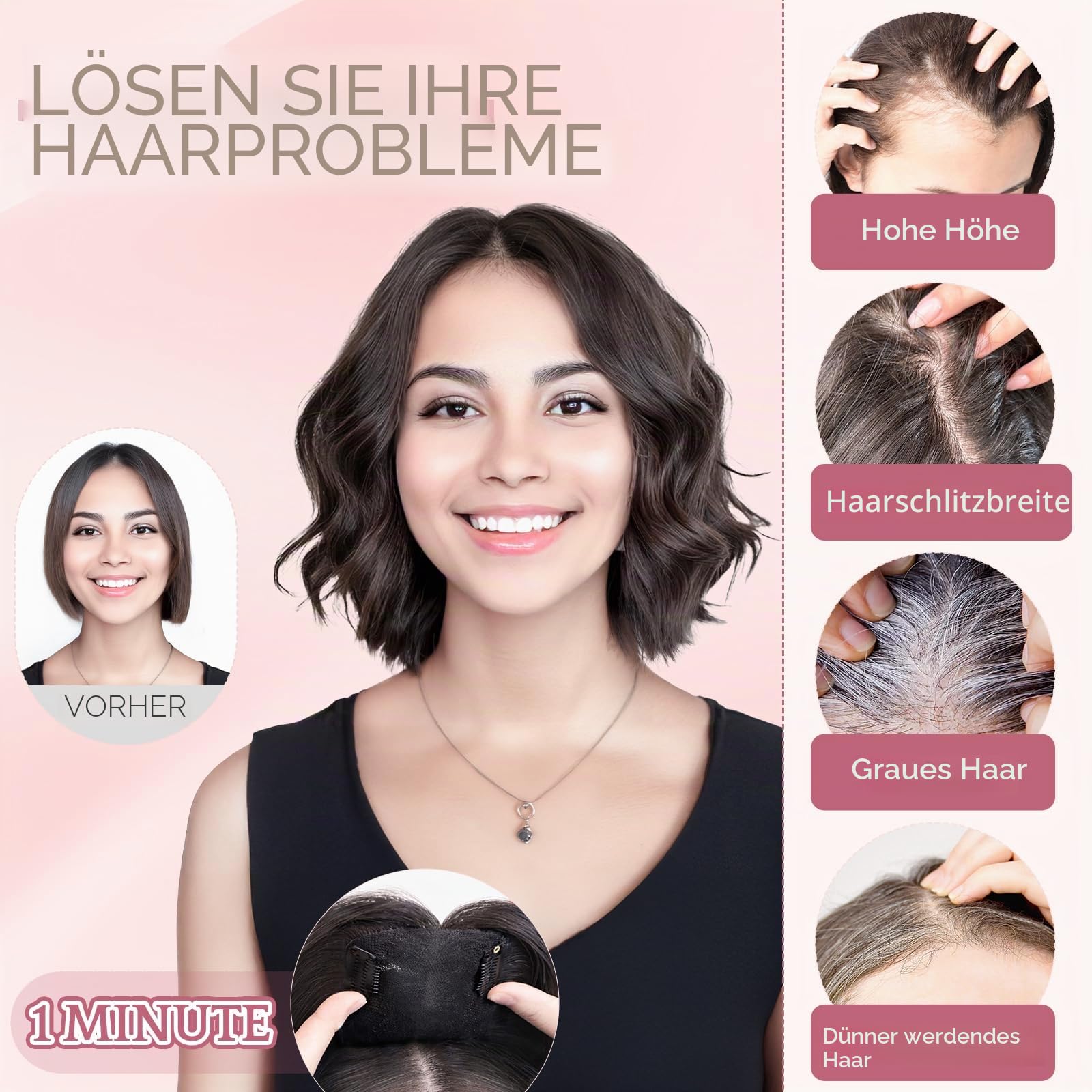 Echthaar Hair Topper für Frauen mit #C - 21g Handgebunden Basis Haar Topper Atmungsaktives Tüllnetz Spitze Basis 100% Echtes Haar Clip in Topper Natürliche Farbe