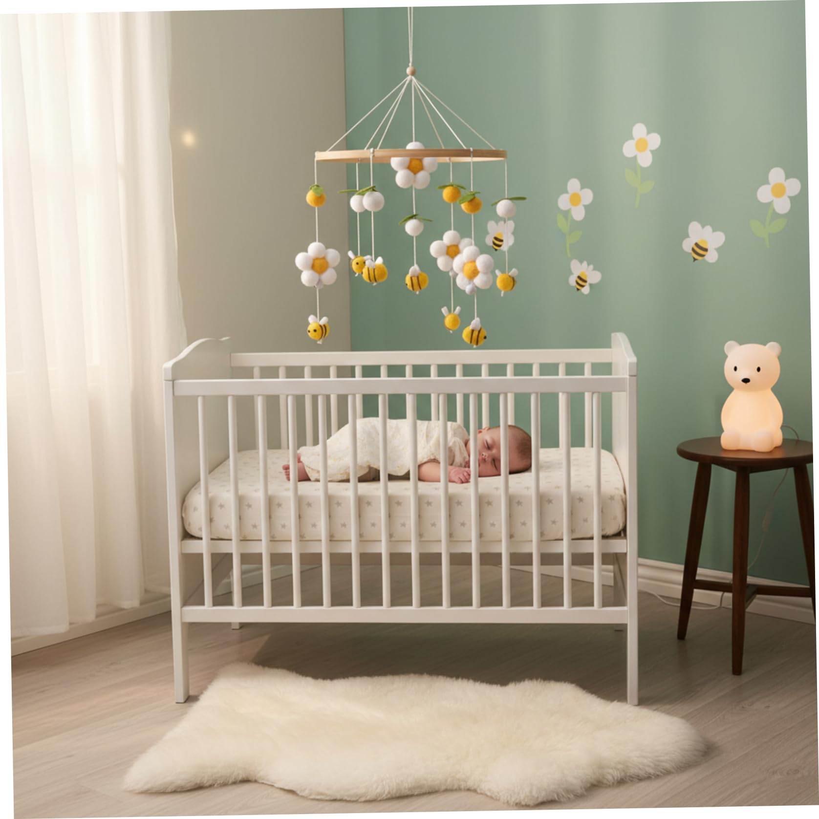 Mobile pour berceau de bébé, mobile de pépinière d'abeilles et fleurs jaunes avec des boules coton à mâcher, jouet doux à suspendre pour berceaux et berceaux, berceau bébé 16 pouces