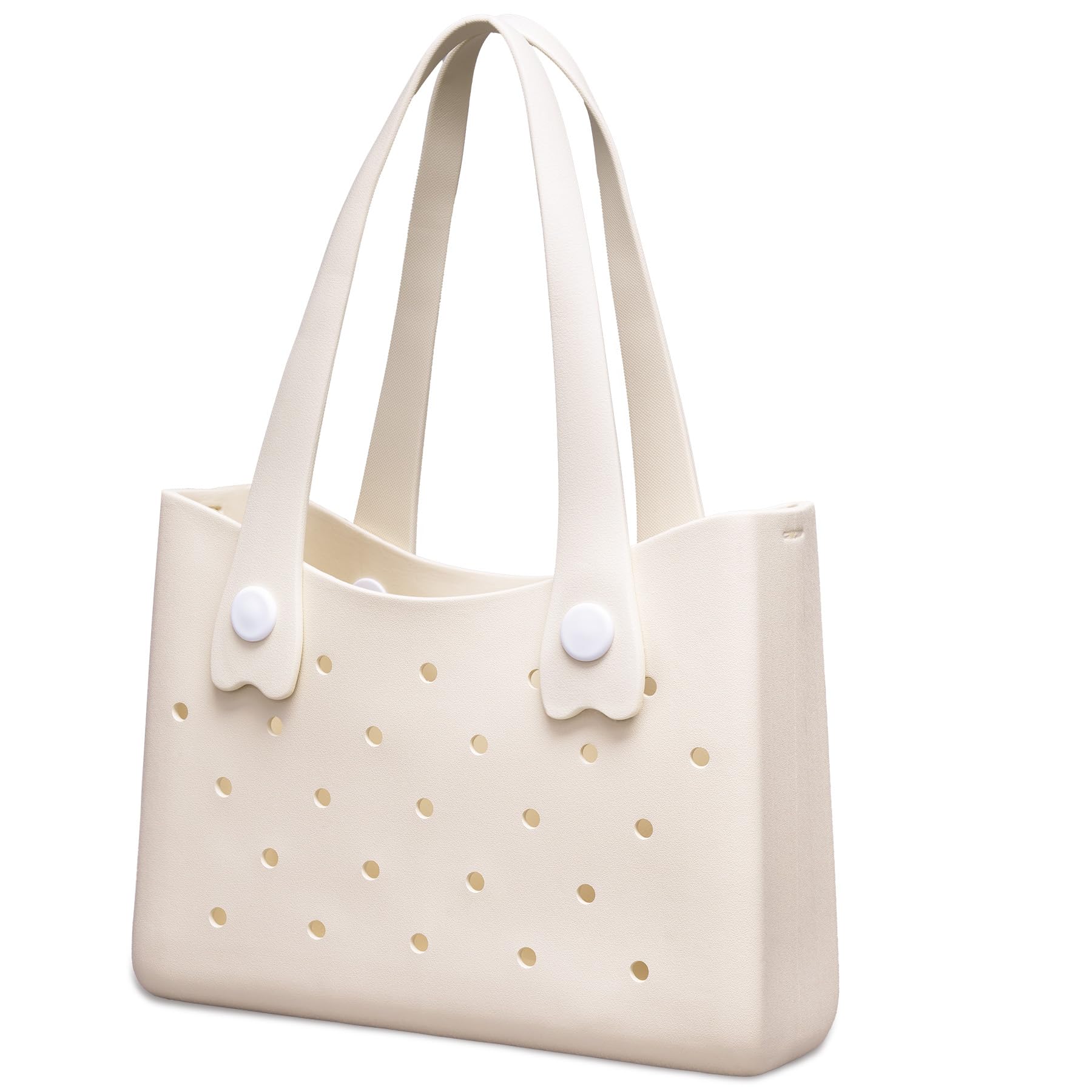 Larcenciel Strandtasche aus Gummi, wasserdichte Damen Tote Bag mit Perforiertem Design und Schultergurt, Beige Handtasche für Sommer, Reise, Pool, Boot, Arbeit, Sport, 35x27x11 cm
