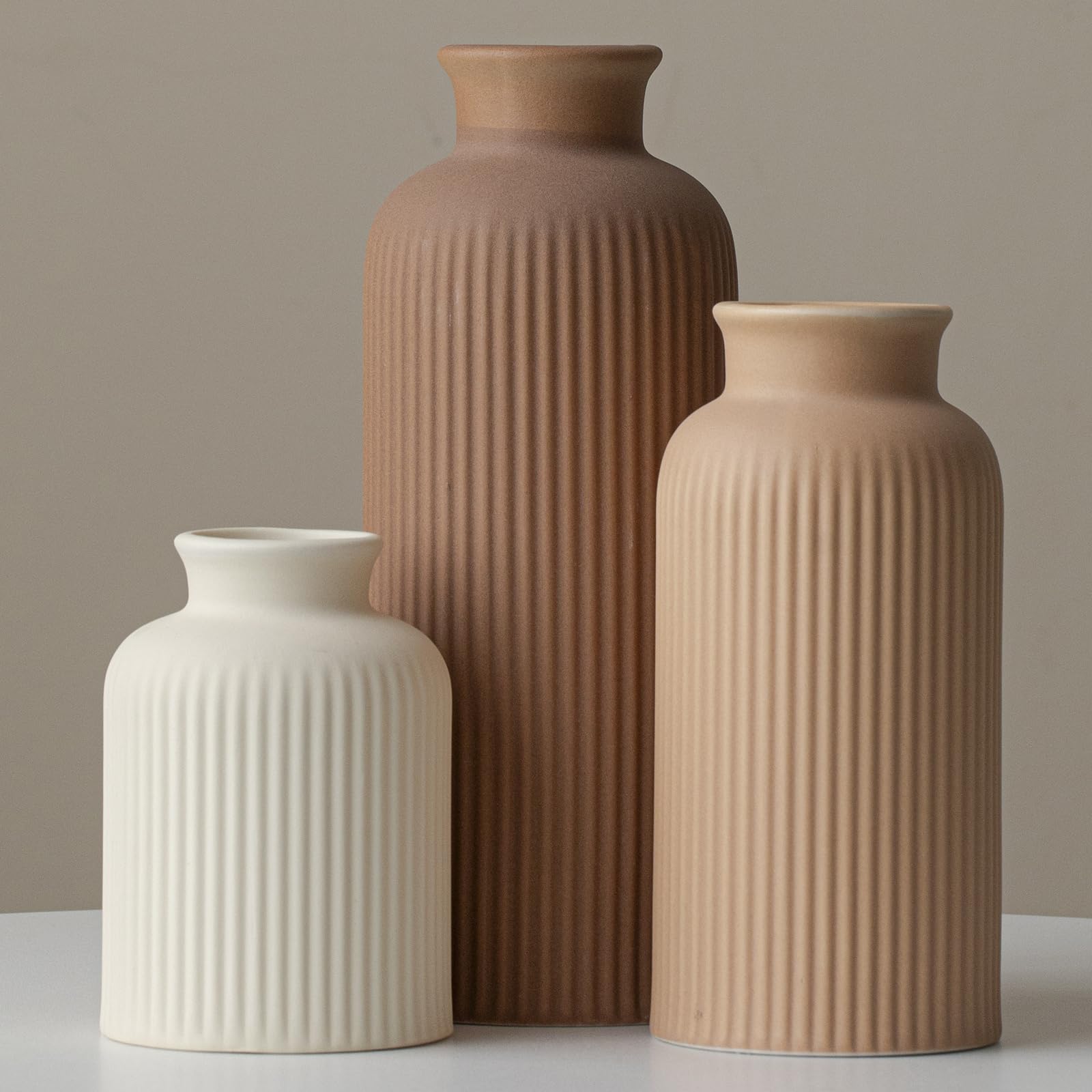 Große Moderne Keramik Vase Set, Kaffee Geriffelt Matt Design, 3 Stück Dekorative Vasen für Zuhause, Wohnzimmer, Büro (XL Kaffee Mix)