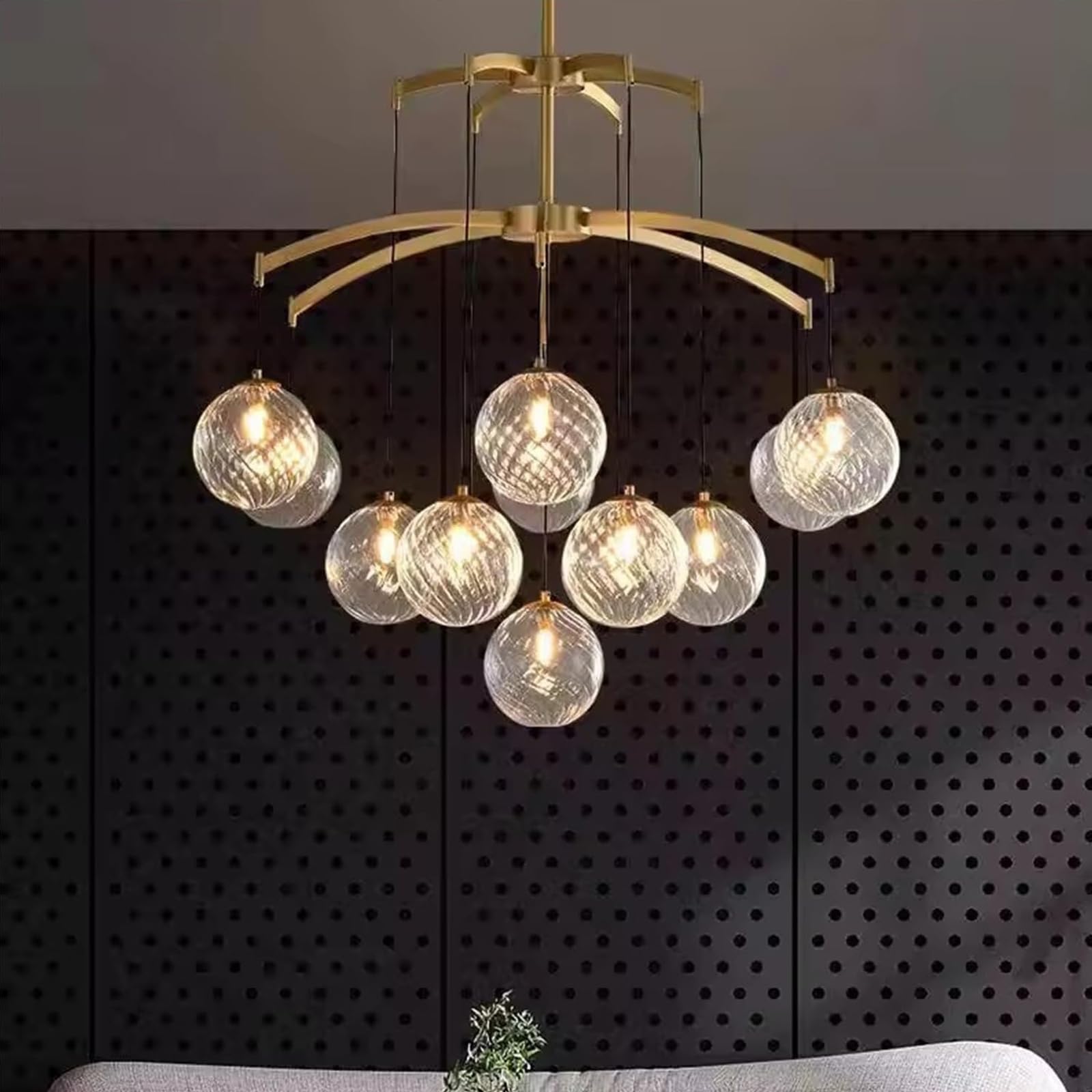 Lustre en verre doré entièrement en laiton, suspension ronde en verre soufflé transparent, hauteur réglable, pour salle à manger, cuisine, restaurant (9 têtes, doré)