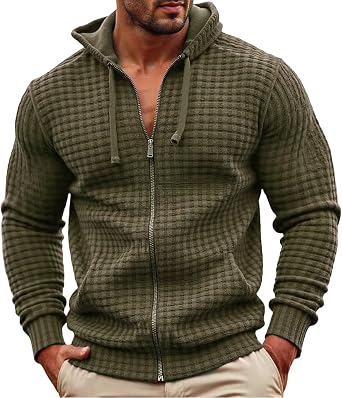 Mens Waffle Hoodie Sweatshirt Full Zip Casual Lightweight Loose Fit Hooded Jacket Drawstring Muscle Workout Sweatshirt