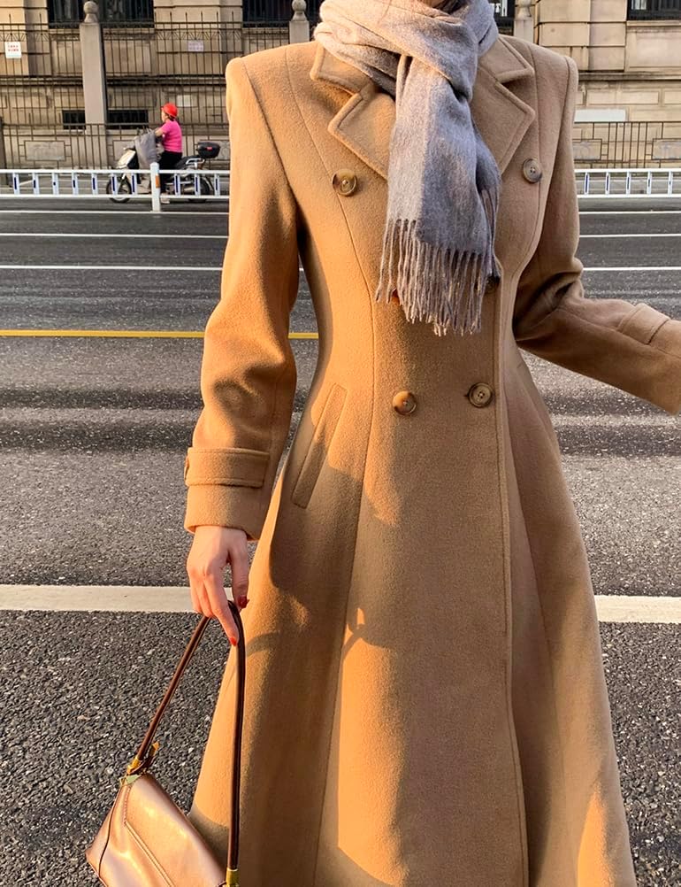 Kinghua Long Wool Coats for Women Fall Winter V Neck PeaCoat Double Breasted Dressy Blazer Jackets Trench Coat with Pockets - Image 3