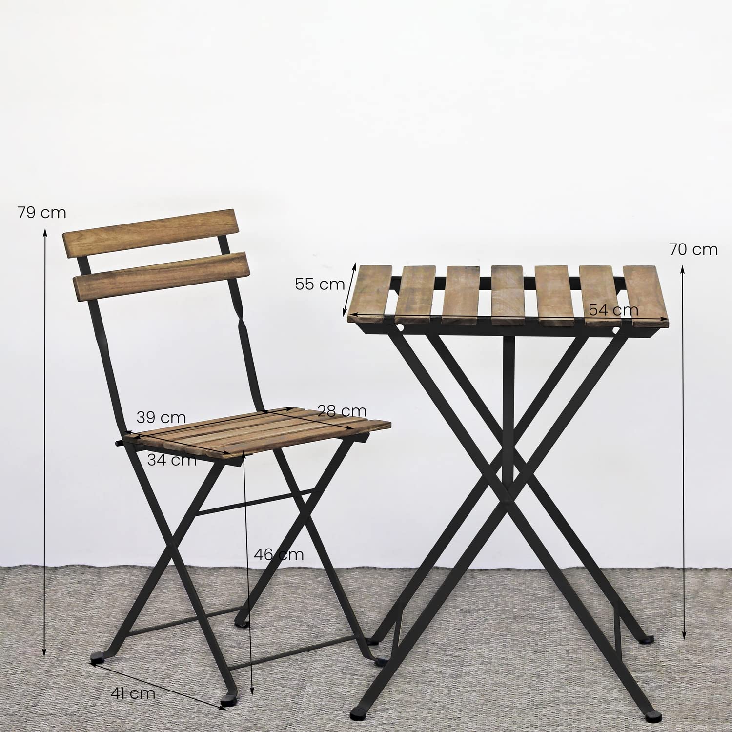 Brigros Estosa - Set Bistrot da Giardino con Tavolo e Sedie Pieghevoli in Ferro e Doghe in Legno di Acacia Comodo e Elegante per Arredo Esterno, Terrazza e Balcone (Nero, Small)