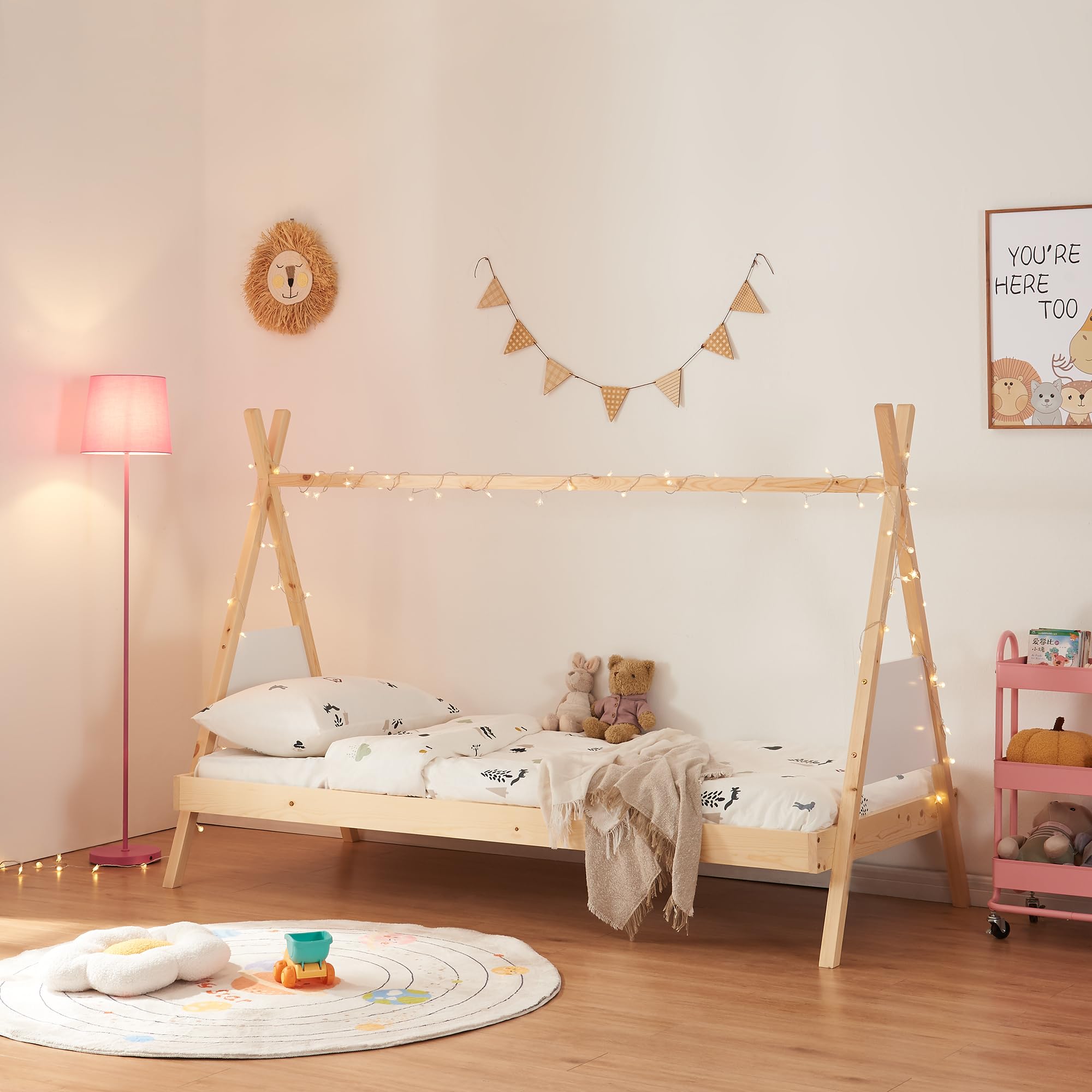 [en.casa] Cama para Niños y Niñas de Estructura Tipi Cama Infantil con Somier Madera de Pino 90 x 200 cm - Natural/Blanco