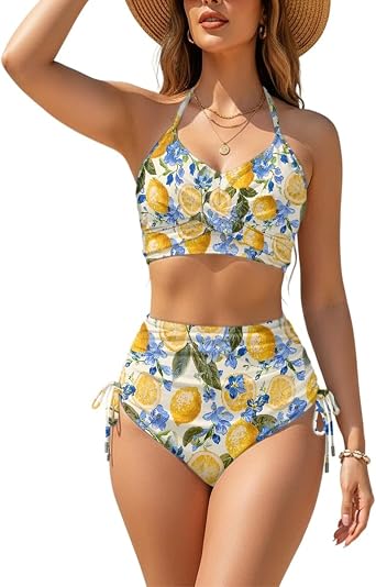 Womens High Waisted Bikini Sets 2-Piece Set Drawstring Tummy Control Swimsuits Crisscross Beach Bathing Suit