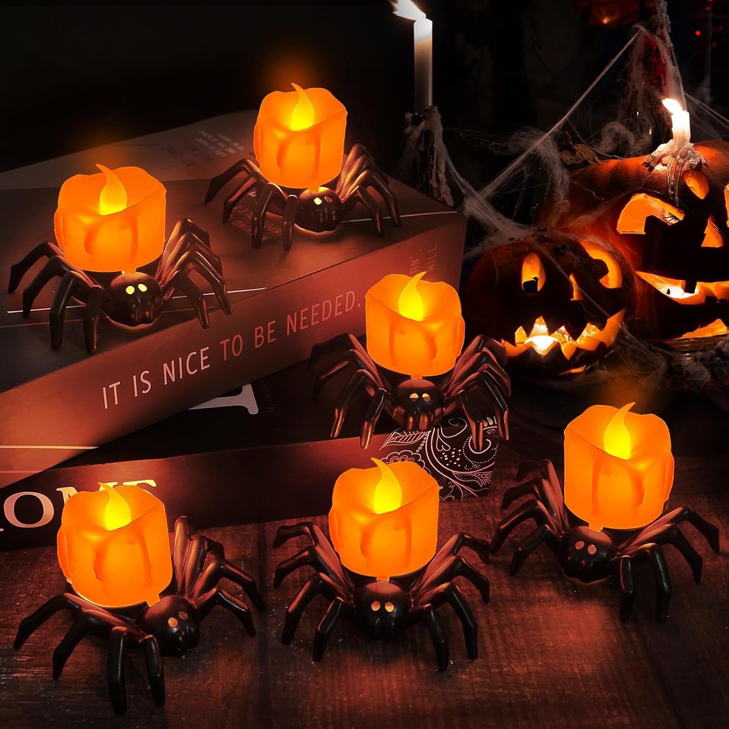 Spooky Halloween candles, flameless flickering LED decoration for haunting ambiance, Halloween decor ideas.