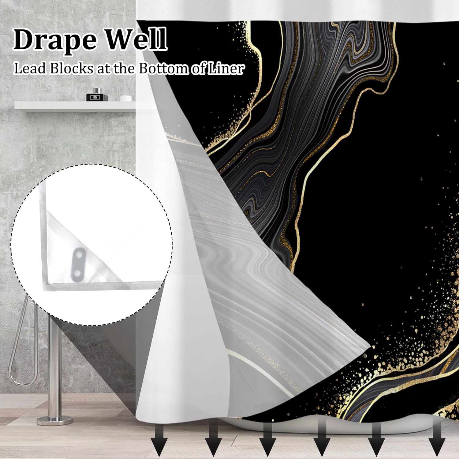 No Hook Shower Curtain with Snap in Liner Set Black Gold Marble Ombre Bath Curtain Double Layers Waterproof Washable Fabric with See Through Mesh Top Window for Bathroom Hotel 71x83 Inch
