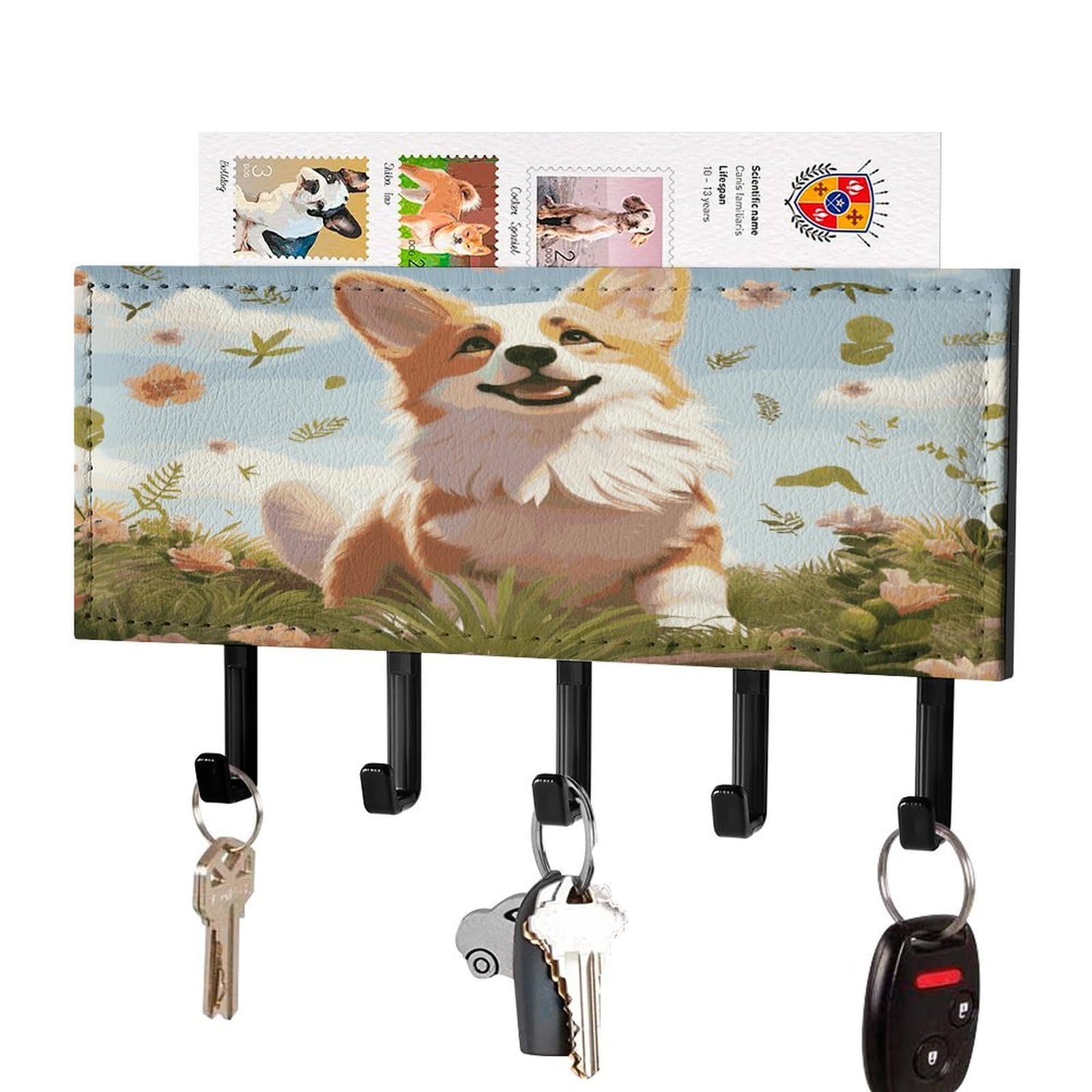 FekiLoot Lovely Corgi Key Holder Wall Mount Key and Mail Holder Key Hanger with 5 Hooks Decorative PU Key Rack Hanging Key Hooks for Wall Living Room Kitchen Bathroom Hallway Black-Style