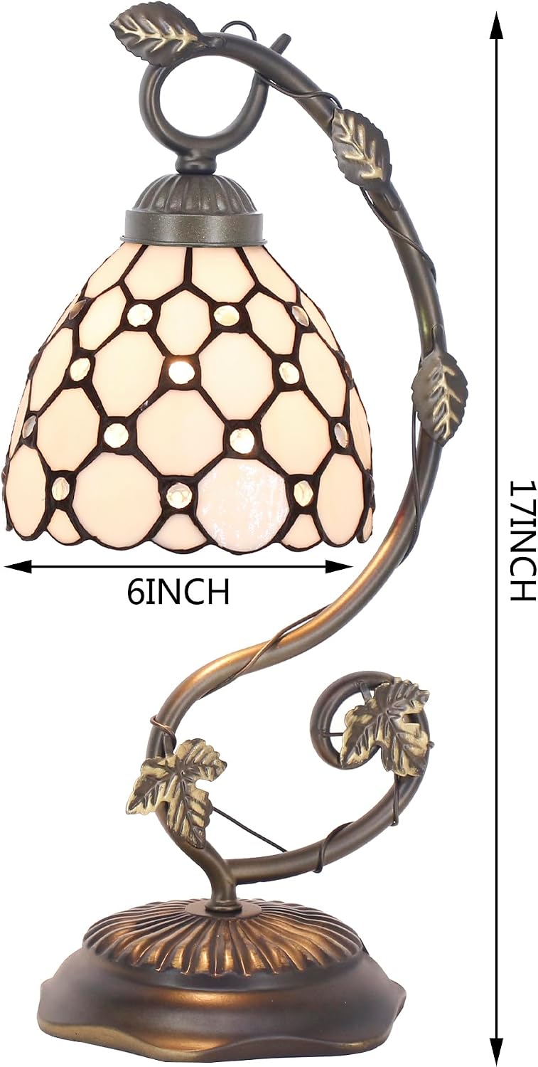 Tiffany Stained Glass Reading Desk lamp Cream Pearl Accent Style Bedside Metal Leaf Base 6X8X17 inch Bedroom Home Office Decoration