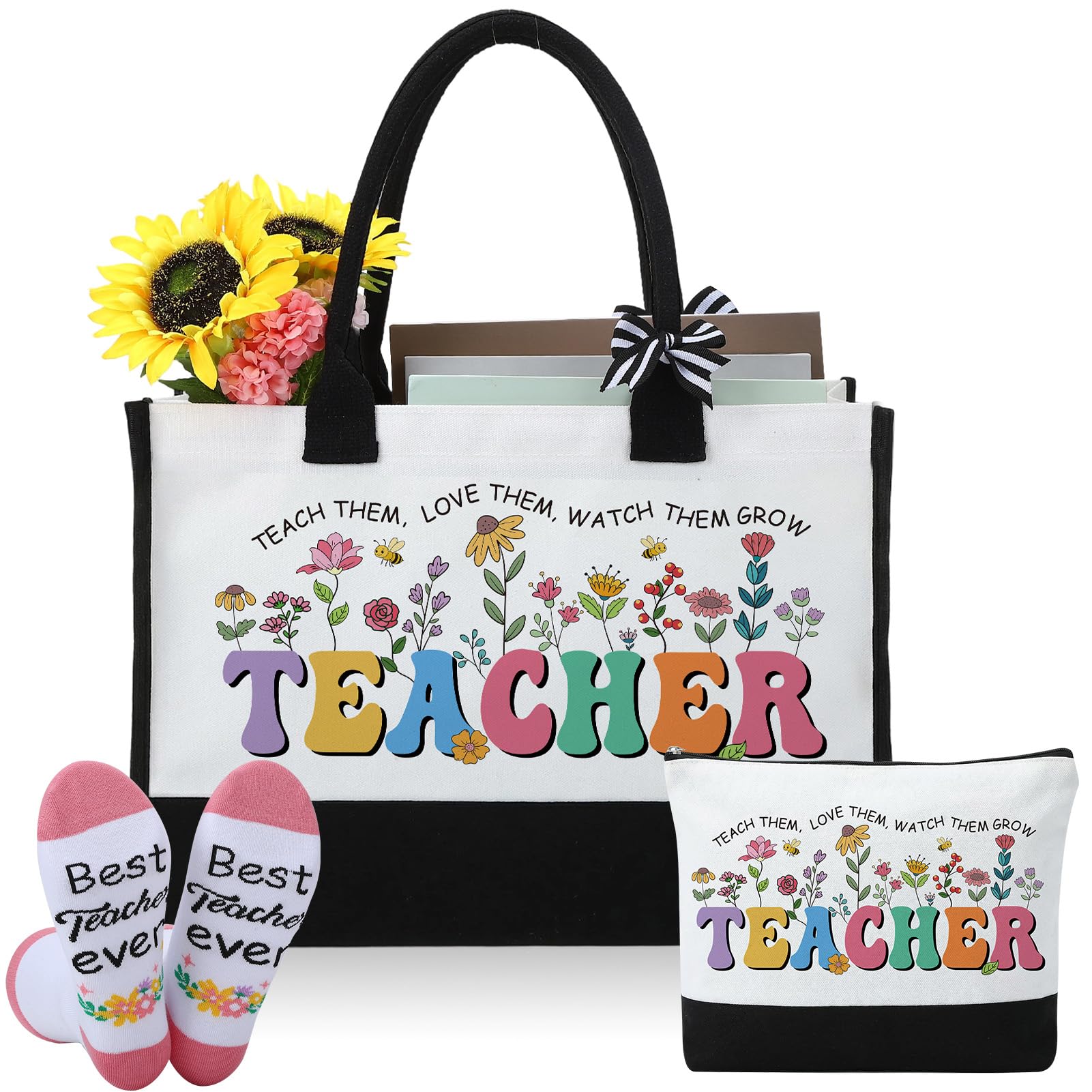 ViEinkaufen Thank You Teacher Gifts for Women, Tote Bag Makeup Bag and Socks,Leaving Present Appreciation Retirement Gifts for Teachers Friends Coworkers