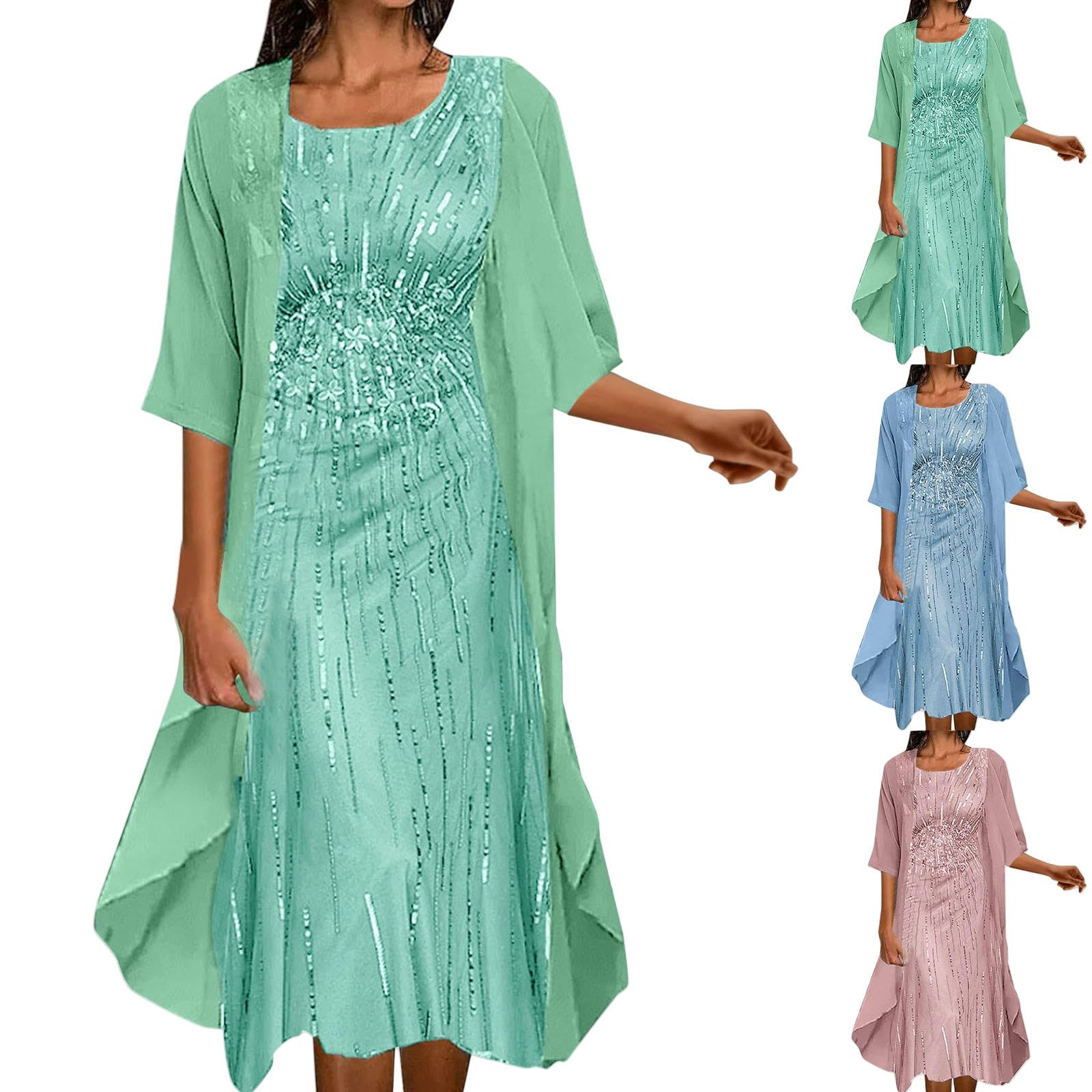 Vestiti a Maniche Lunghe Set di Abiti in Chiffon Due Pezzi Femminile, Elegante Abito con Paillettes O-saccello, da Banchetto per Feste Nozze, Vestito Sera, Abbigliamento Donna Casual Moda