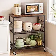 Rolling Kitchen Microwave Cart, 3-Tier Cart with Lockable Casters, 6 S Hooks for Towels, Rolling Kitchen Storage Rack, Space Saving Stand for Small Kitchen, Apartment, Coffee Bar