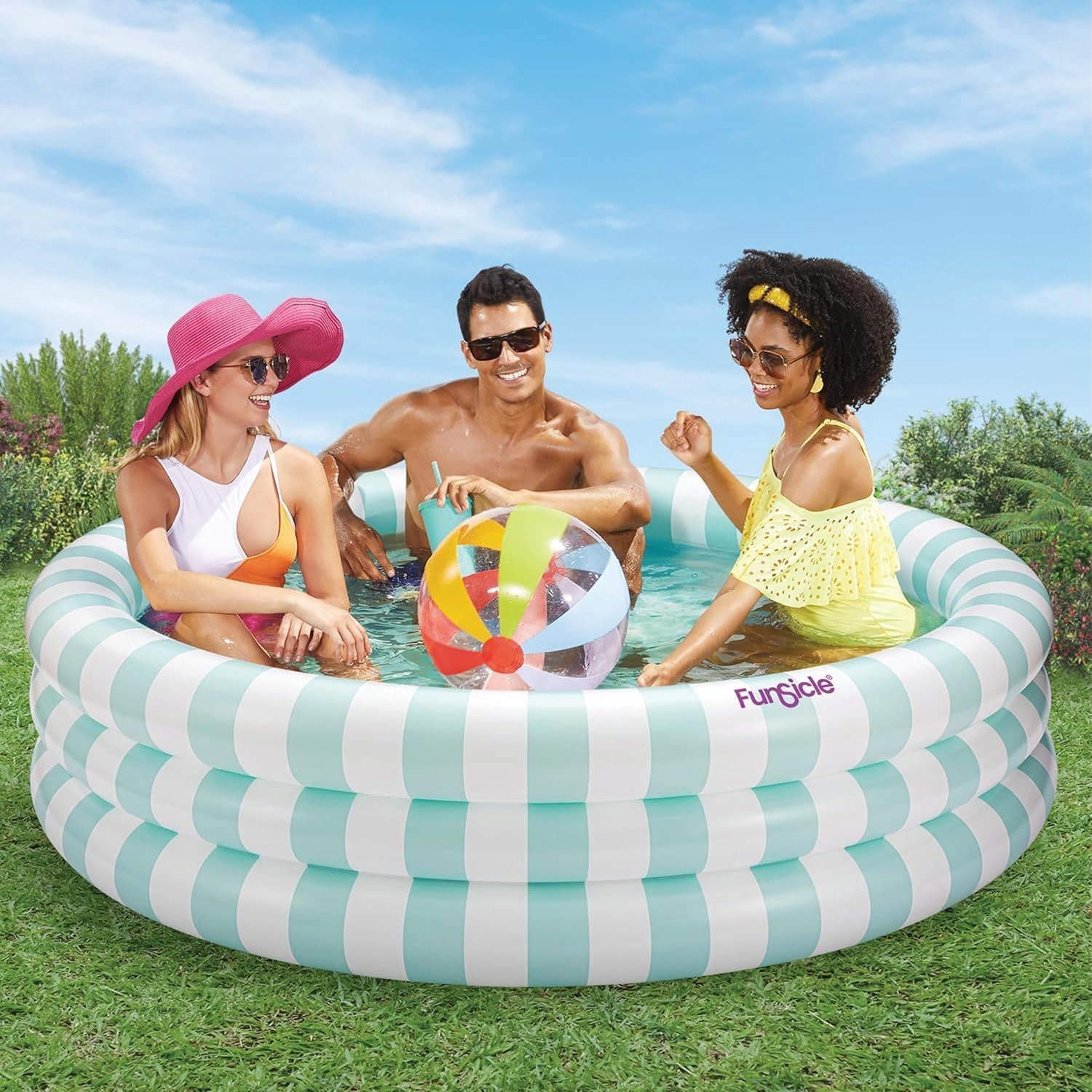 Maccabi Art Pastel Stripe Inflatable Pool – 5.5ft Round Blow Up Pool for Adults with AirFlate Tool, Repair Patch & Drain Plug – DuraSeam Leak Protection – Dewdrop Blue & Puffy Cloud