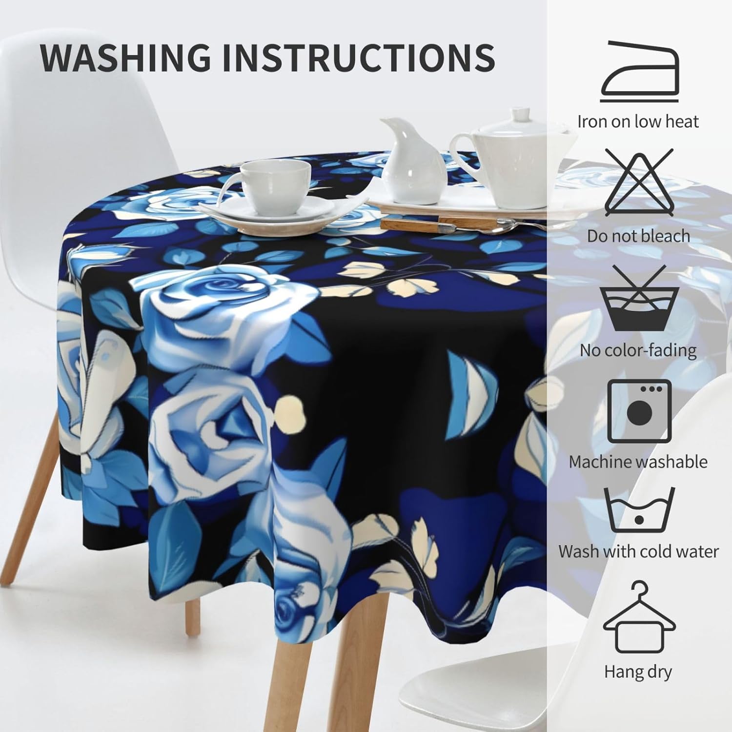Blue Flower Pattern Roses Print Wrinkle Free Dining Table Cover for Birthday Party Farmhouse Tablecloths Up to 60 x 60 Inches