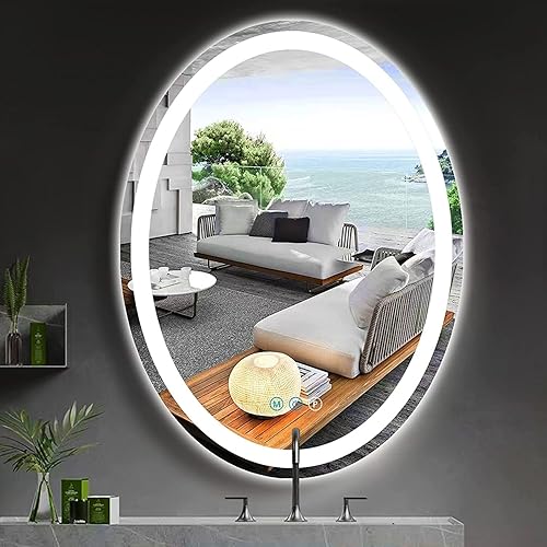 Espejo de tocador ovalado de 28 x 36 pulgadas con luces, espejo LED ovalado para baño, espejo iluminado ovalado, regulable, luz de 3 colores, anti