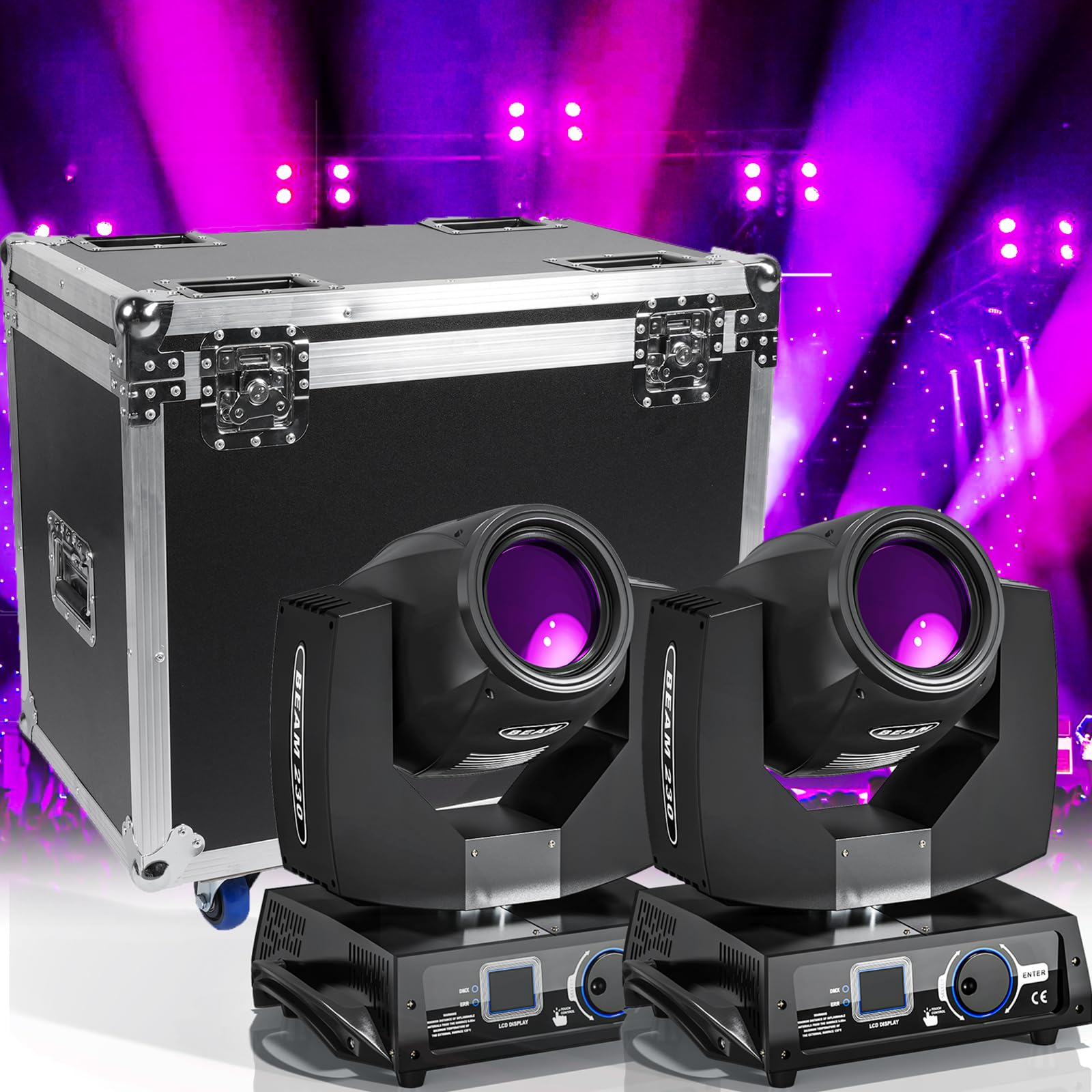 2PCS 230W 7R Beam Lyre LED avec flight case Lumières de scène 17 Gobos 14 Couleur 24 Prisme RGBW Moving Head Jeux de lumiere pour Disco Club Bar Mariage Noël
