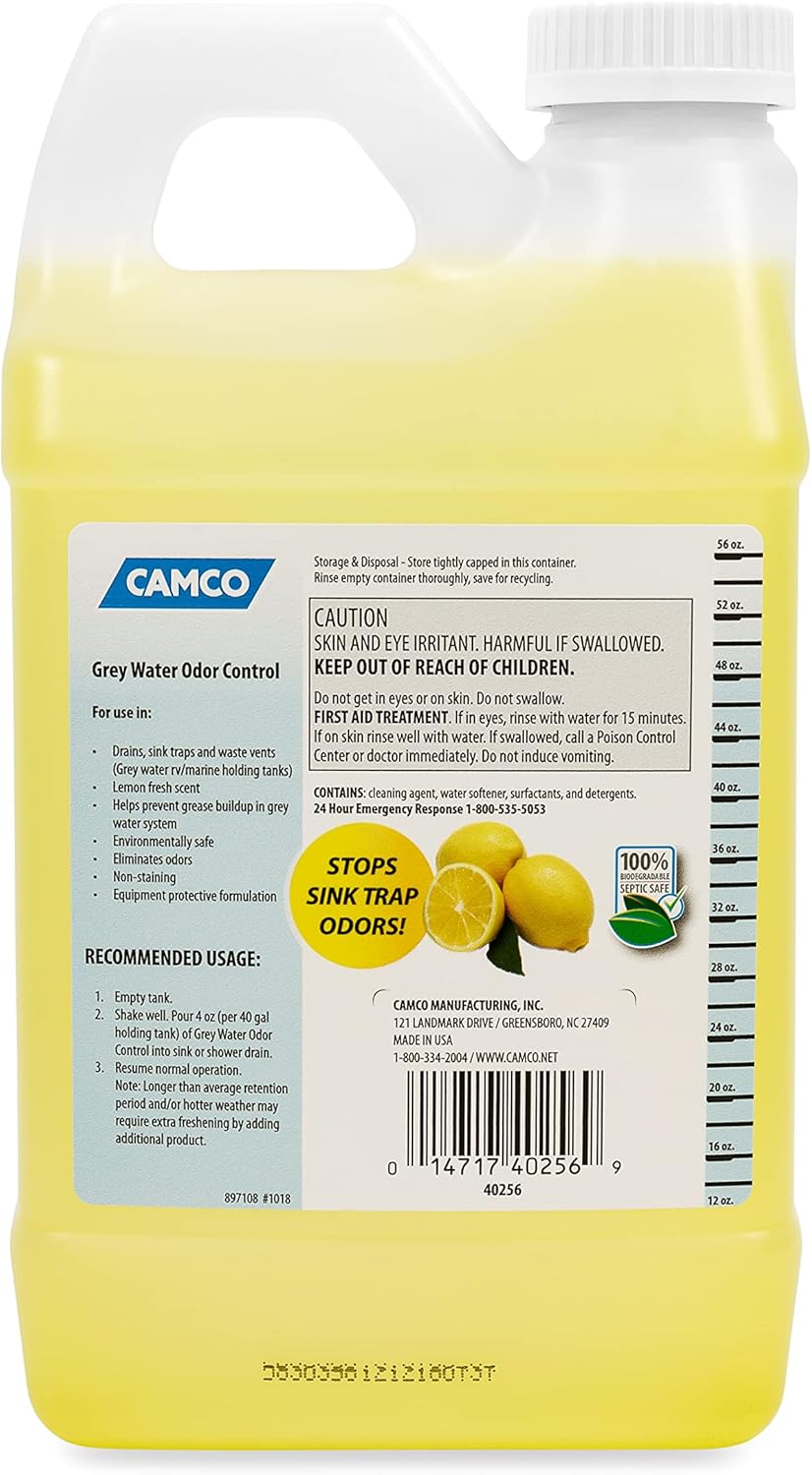 Camco TST Lemon Scent RV Grey Water Odor Control, Stops Sink Trap Odors, For Use In Drains, Sink Traps and Waste Vents, Treats up to 16 - 40 Gallon Holding Tanks (64 Ounce Bottle) - 40256 : Automotive