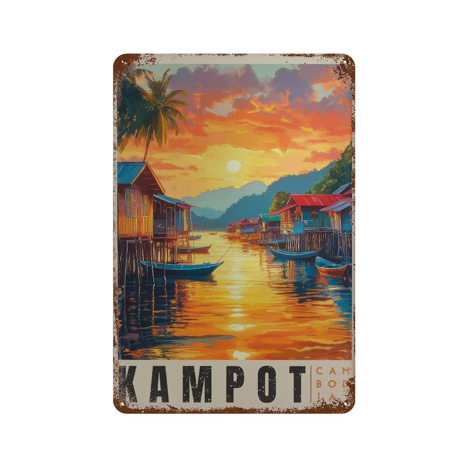 xiaoxiaoshen Kampot Cambodia Riverside Sunset Travel Southeast Asia Landscape Decor Wall Decor Art Metal Tin Poster Modern Home Decor Art Home Bar Shop Decorations Vintage Sign 30x20cm