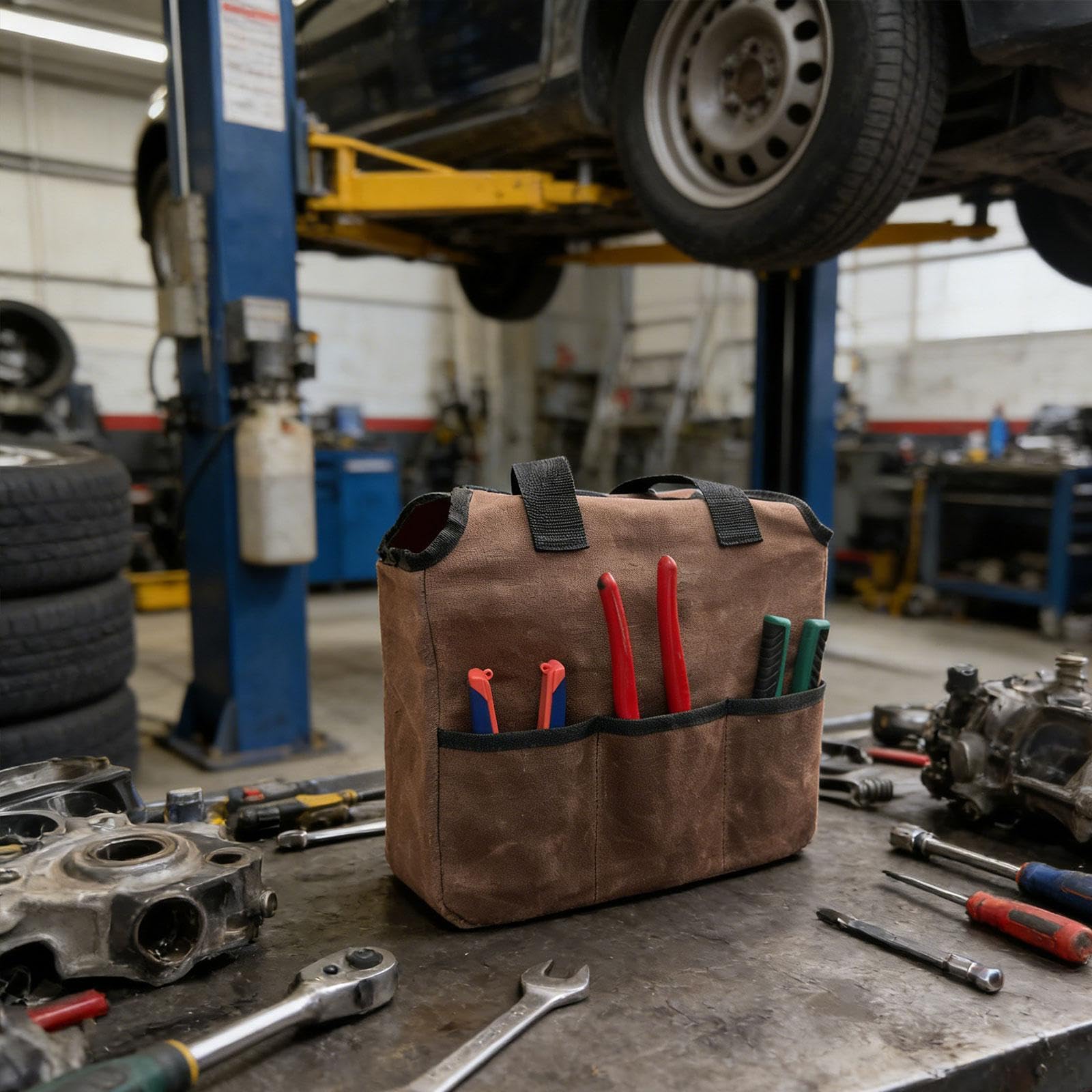 Bolsa de herramientas resistente para herramientas de jardín, bolsa de almacenamiento de lona encerada de 12 x 5 x 14 pulgadas con bolsillos, llaves y organizador de tijeras