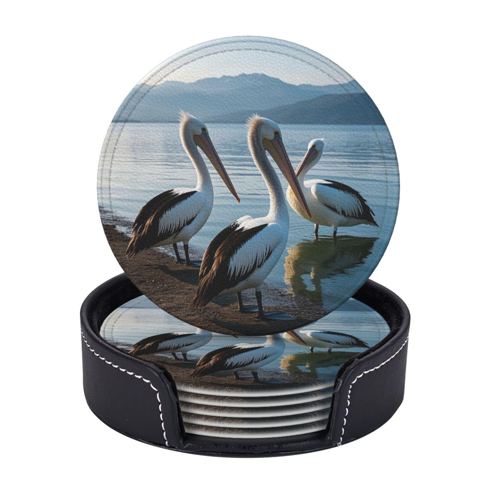 Drink Coasters Set of 6 Coffee Leather Coaster with Holder Three Pelicans Coasters for Drinks Coffee Cup Mat Heat Resistant Tabletop Protection Coaster Desk Accessorie Home Decorative