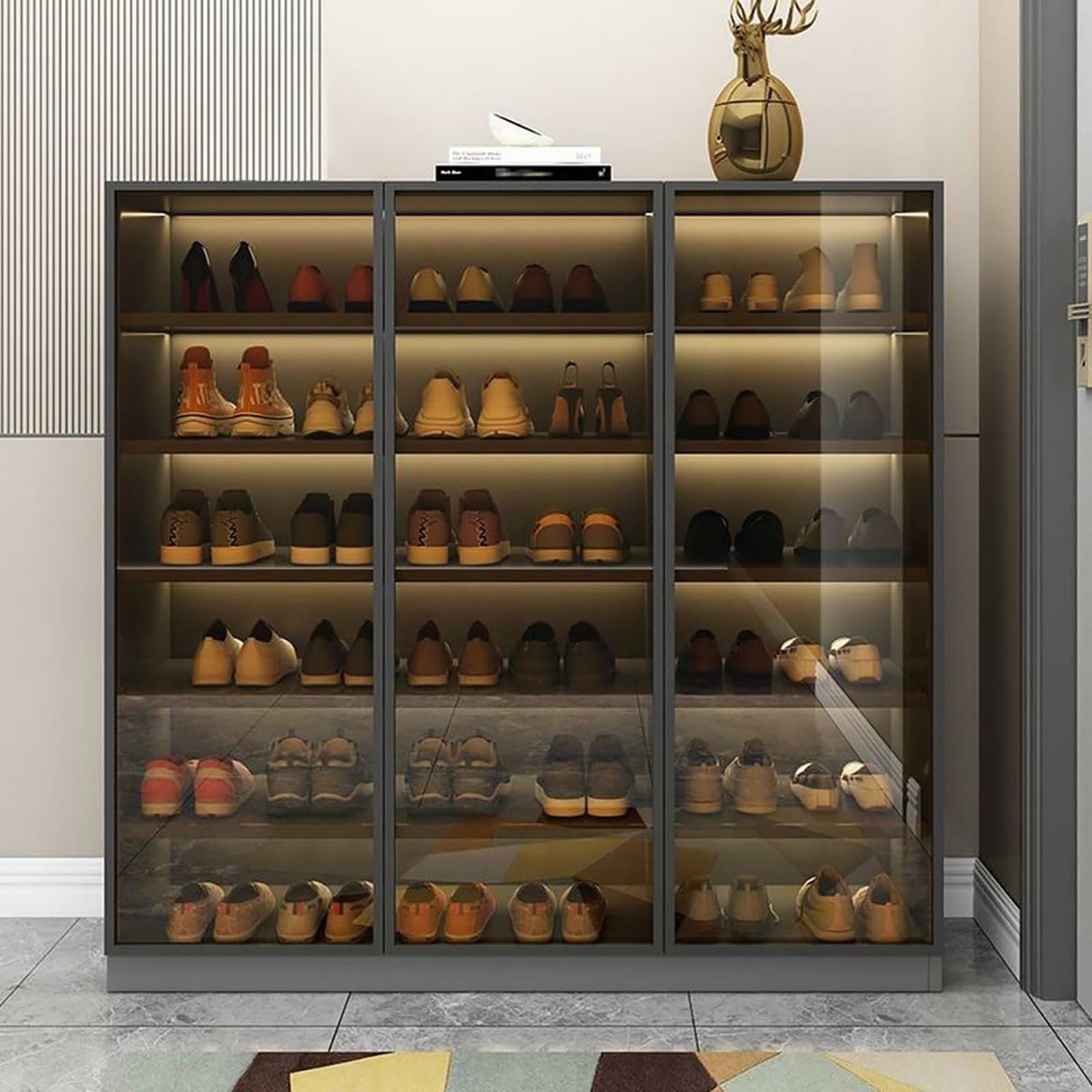 Armadietto per Scarpe con Ante in Vetro, Scaffale per Scarpe 6 Ripiani, Organizzatore per Ingresso con Ripiani Regolabili, Scarpiera Ingresso Nera per Corridoio E Garage(24Lx71H in/61X180cm)