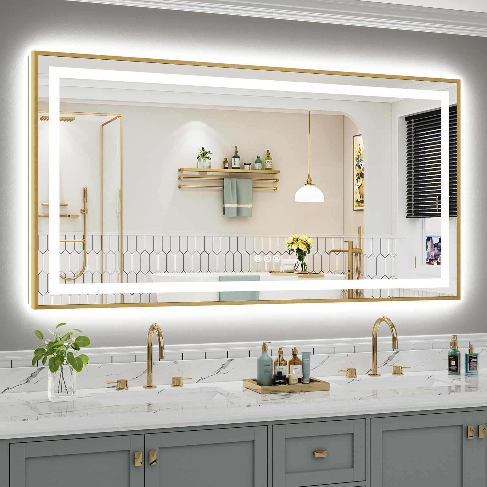 68x36 Inch LED Bathroom Mirror with Gold Frame, Backlit &amp; Front Lit